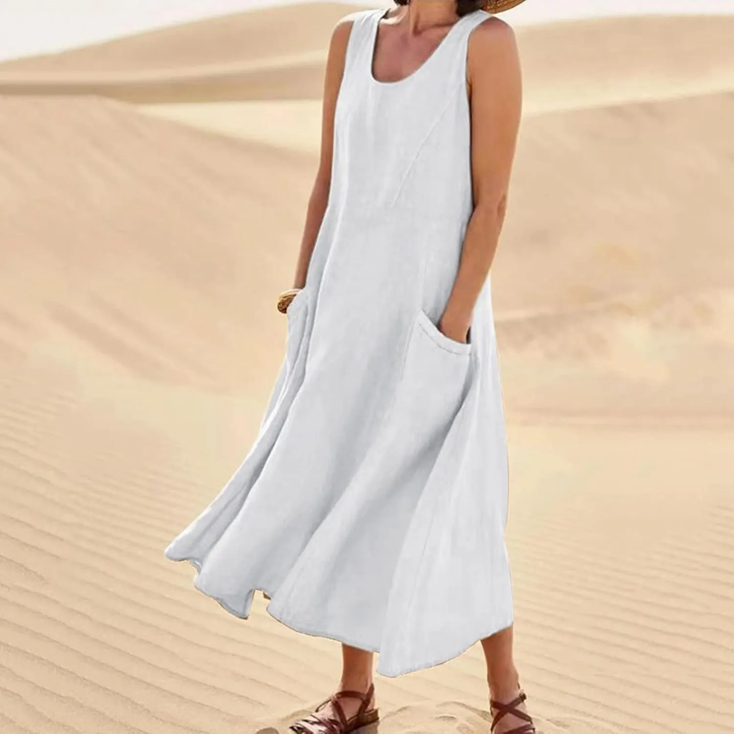 Midi Dresses for Women 2024 Casual Cotton Linen Sundress with Pockets Crew Neck Loose Solid Sun Dress Summer Dress
