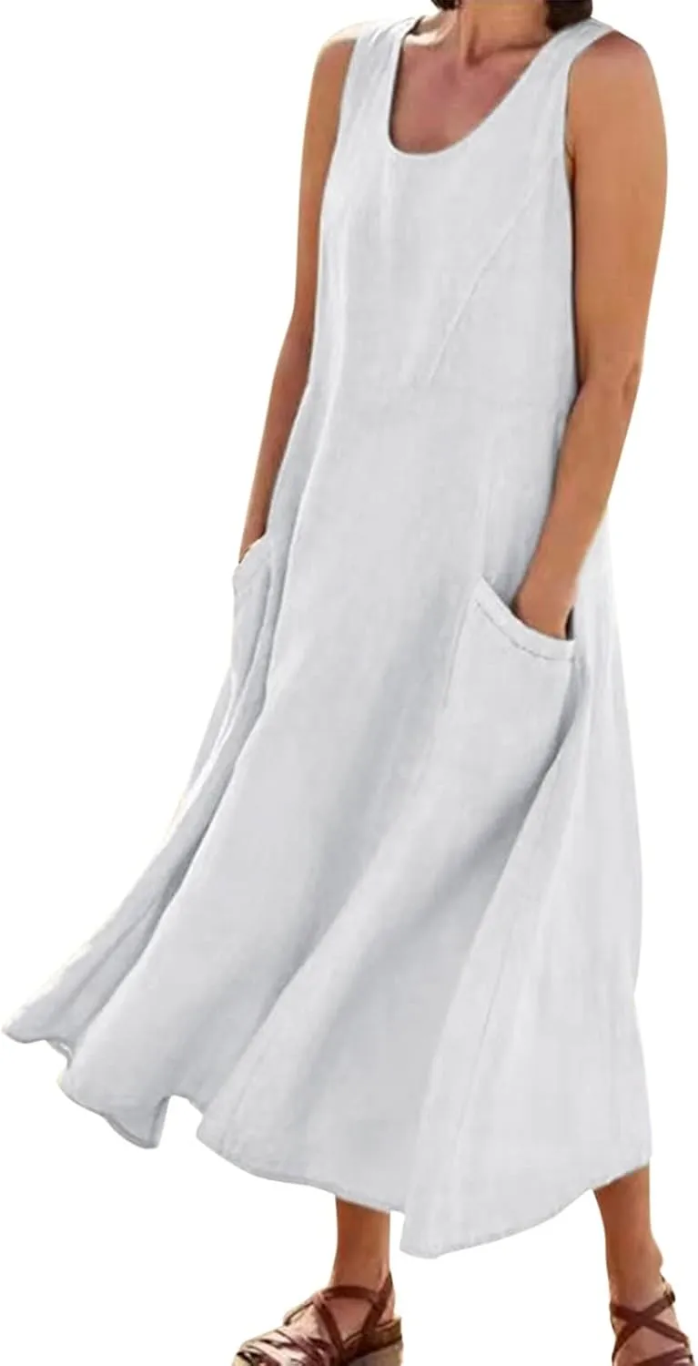 Midi Dresses for Women 2024 Casual Cotton Linen Sundress with Pockets Crew Neck Loose Solid Sun Dress Summer Dress
