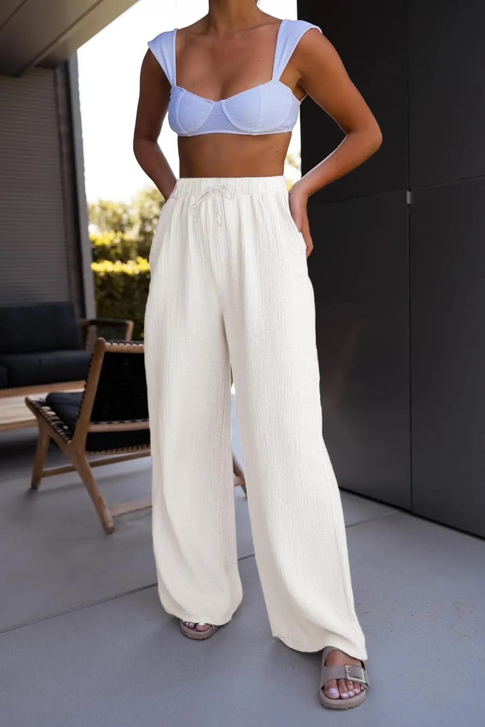 miduo Womens Cotton Drawstring Elastic High Waist Palazzo Pants Wide Leg Pants Casual Lounge Pant Trousers