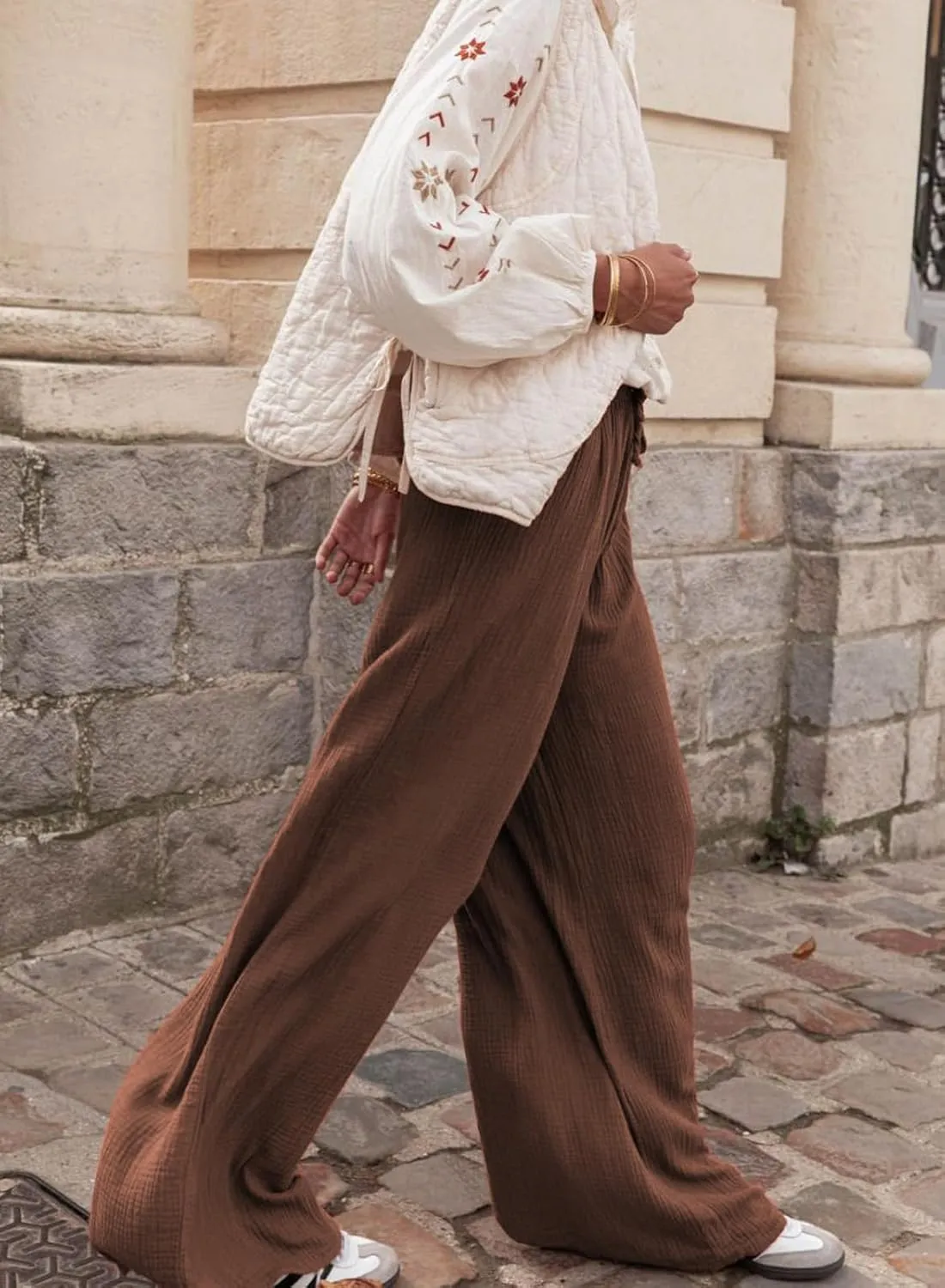 miduo Womens Cotton Drawstring Elastic High Waist Palazzo Pants Wide Leg Pants Casual Lounge Pant Trousers