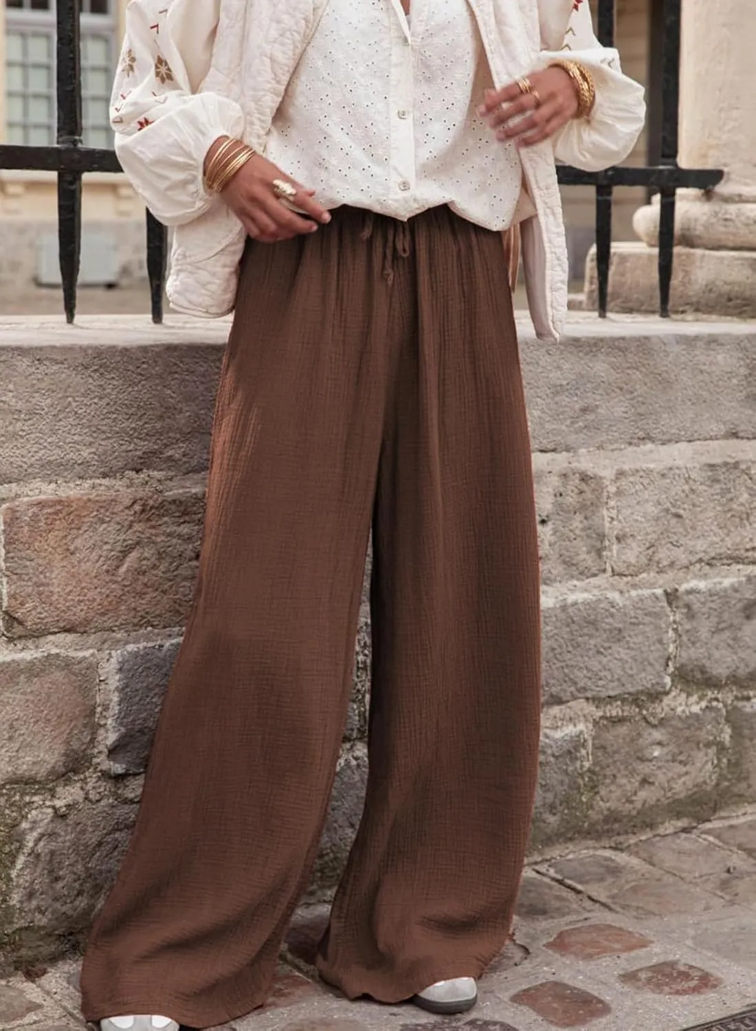miduo Womens Cotton Drawstring Elastic High Waist Palazzo Pants Wide Leg Pants Casual Lounge Pant Trousers