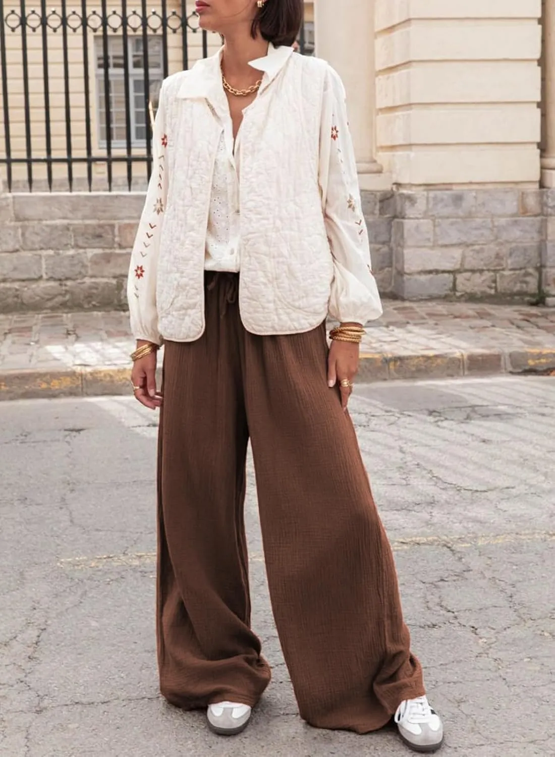 miduo Womens Cotton Drawstring Elastic High Waist Palazzo Pants Wide Leg Pants Casual Lounge Pant Trousers
