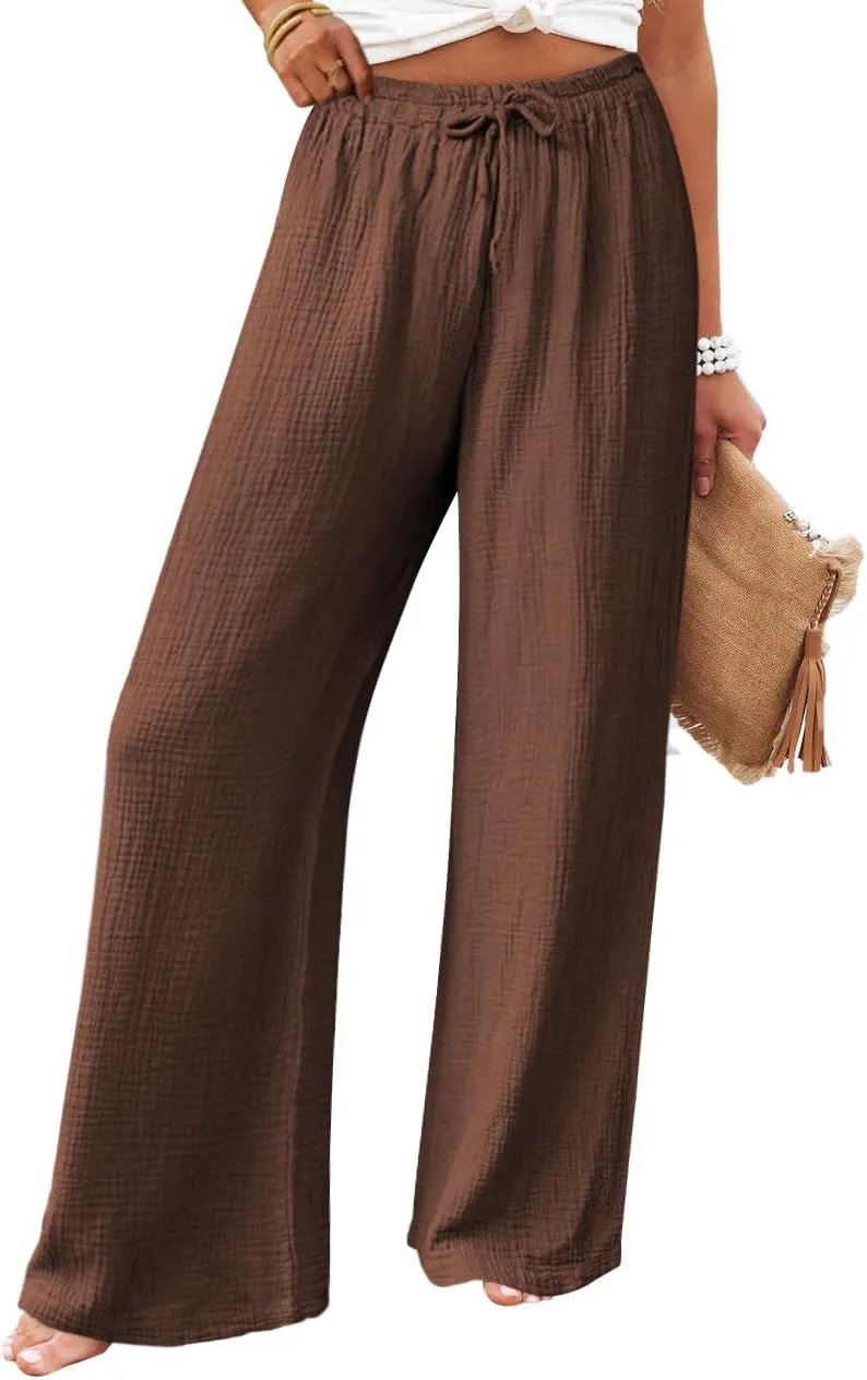 miduo Womens Cotton Drawstring Elastic High Waist Palazzo Pants Wide Leg Pants Casual Lounge Pant Trousers