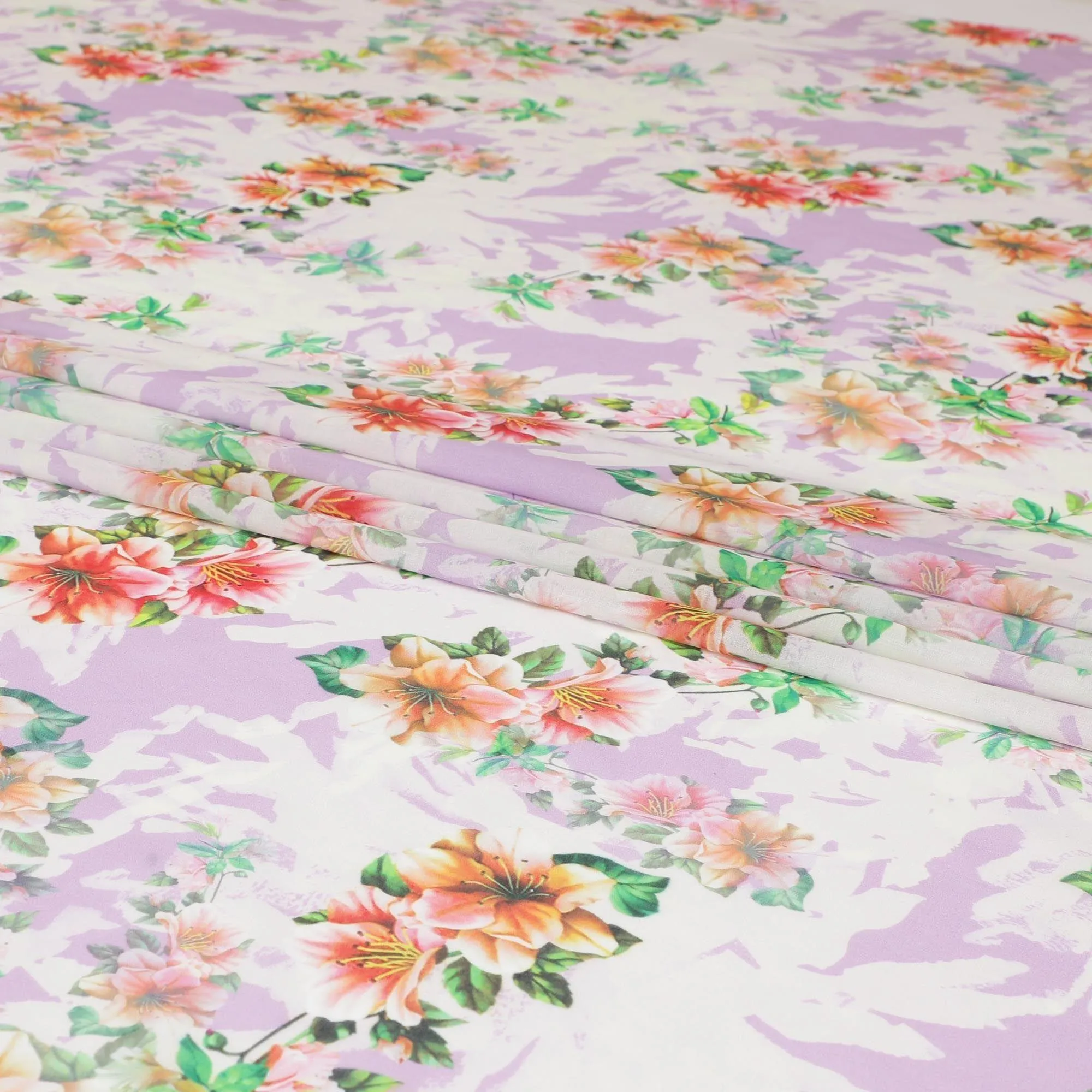Off white Italian cotton voile fabric with Paris green, light lavender, carnation pink and black print in floral design-D6384