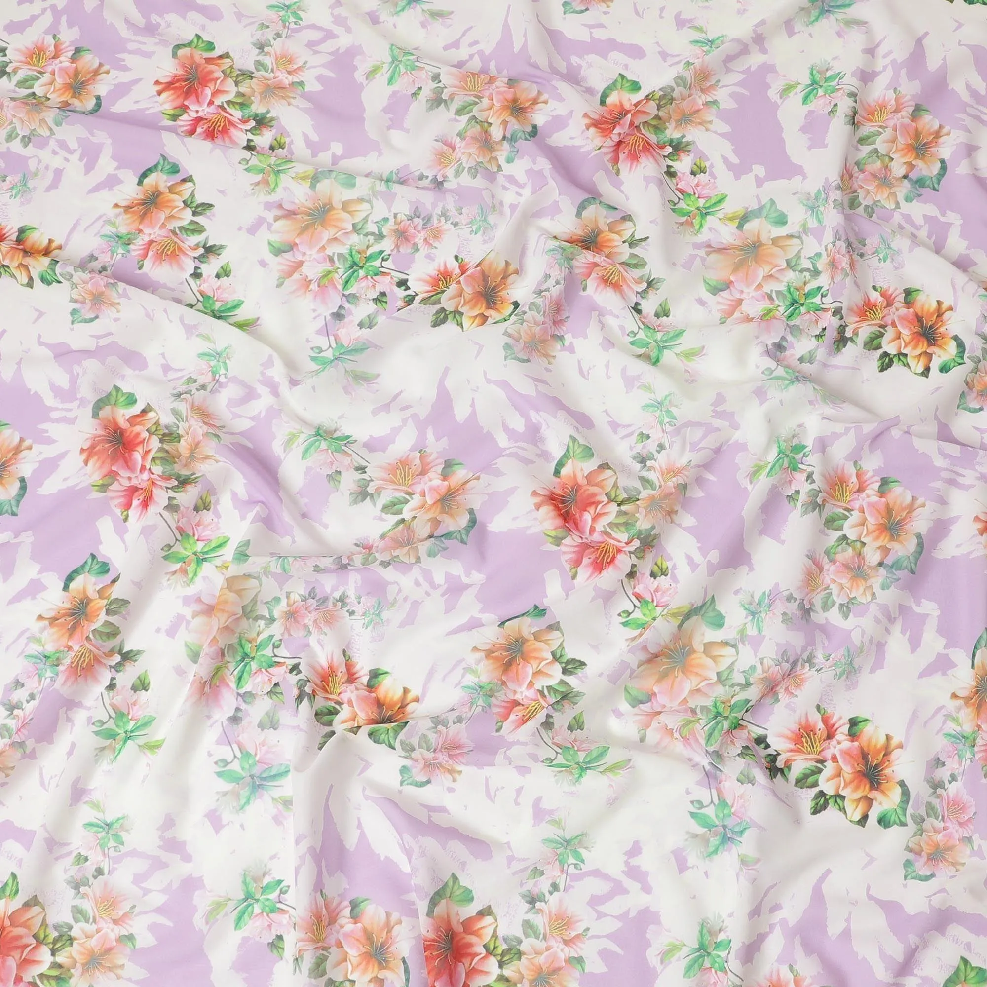 Off white Italian cotton voile fabric with Paris green, light lavender, carnation pink and black print in floral design-D6384