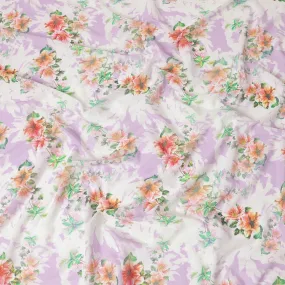 Off white Italian cotton voile fabric with Paris green, light lavender, carnation pink and black print in floral design-D6384