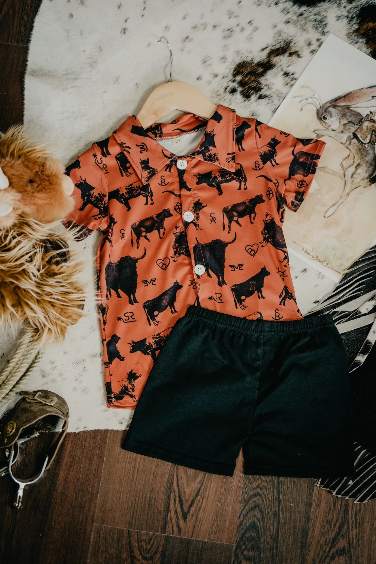 Orange Brand Print Collared Short Sleeve Shirt with Black Shorts (3-6M to 8/9T)