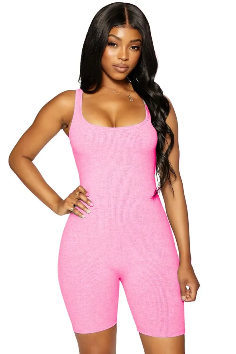 Pink Sleeveless Racerback Ribbed Biker Shorts Romper