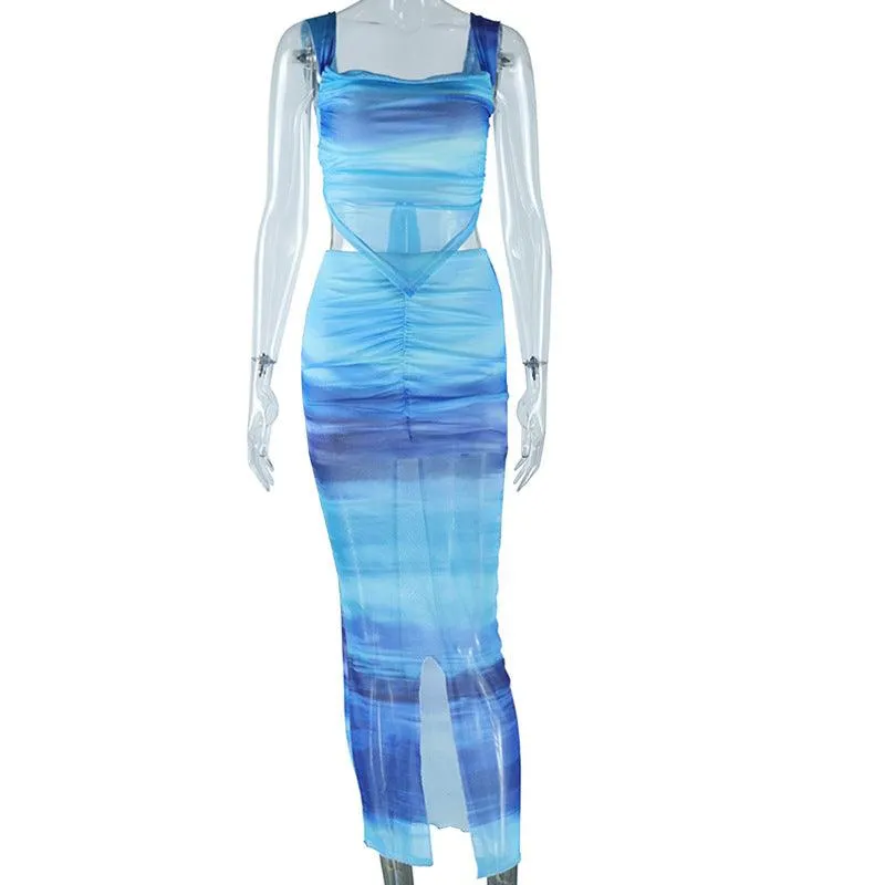 Printed Mesh Vest & Ruched Split Midi Skirt Set - Summer