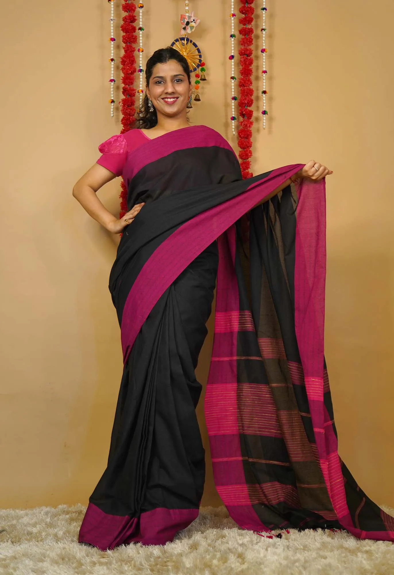 Ready to wear Handloom Weave Black And pink  Wrap in 1 minute Saree