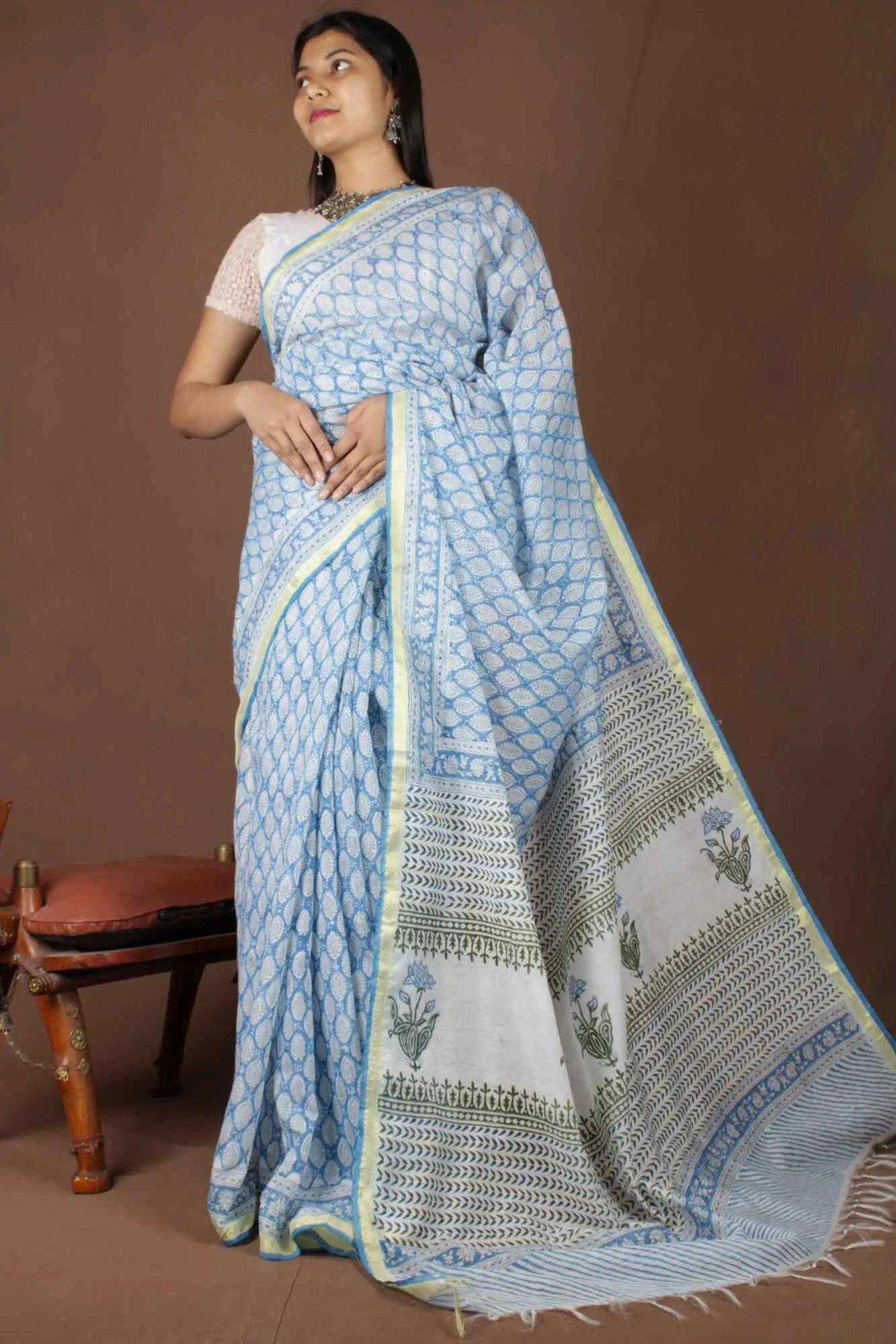 Ready to wear Jaipuri Sanganeri Handblock Print mulmul one minute saree