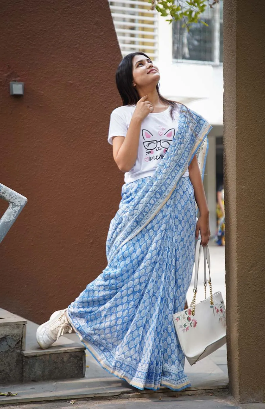 Ready to wear Jaipuri Sanganeri Handblock Print mulmul one minute saree