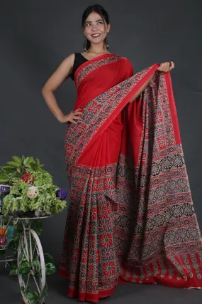 Ready to wear red Ajrakh Printed Mul Mul Cotton Wrap in 1 minute saree
