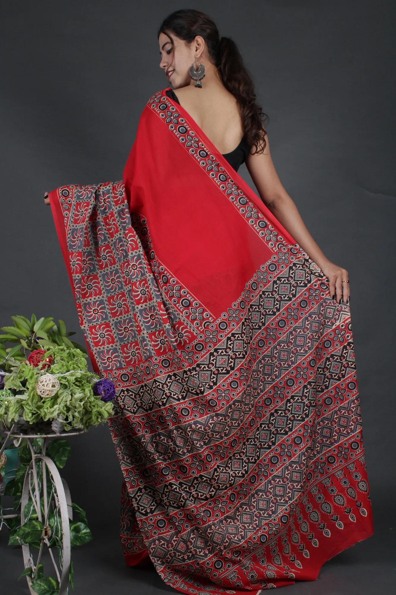 Ready to wear red Ajrakh Printed Mul Mul Cotton Wrap in 1 minute saree