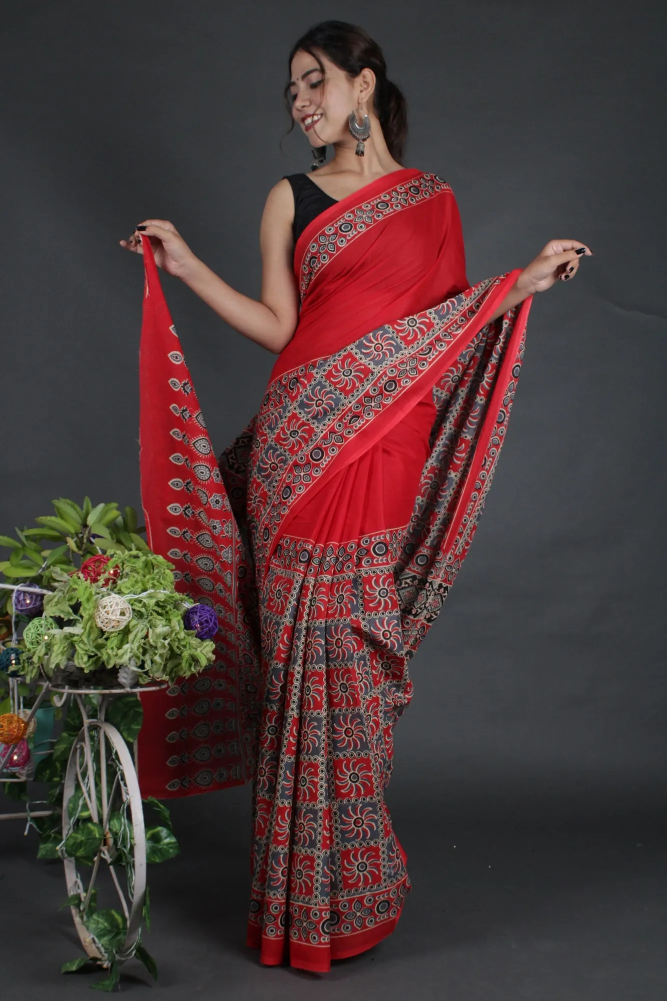 Ready to wear red Ajrakh Printed Mul Mul Cotton Wrap in 1 minute saree