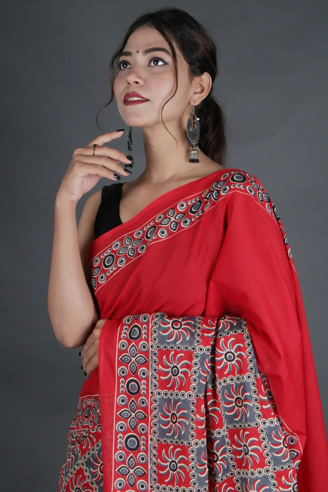 Ready to wear red Ajrakh Printed Mul Mul Cotton Wrap in 1 minute saree