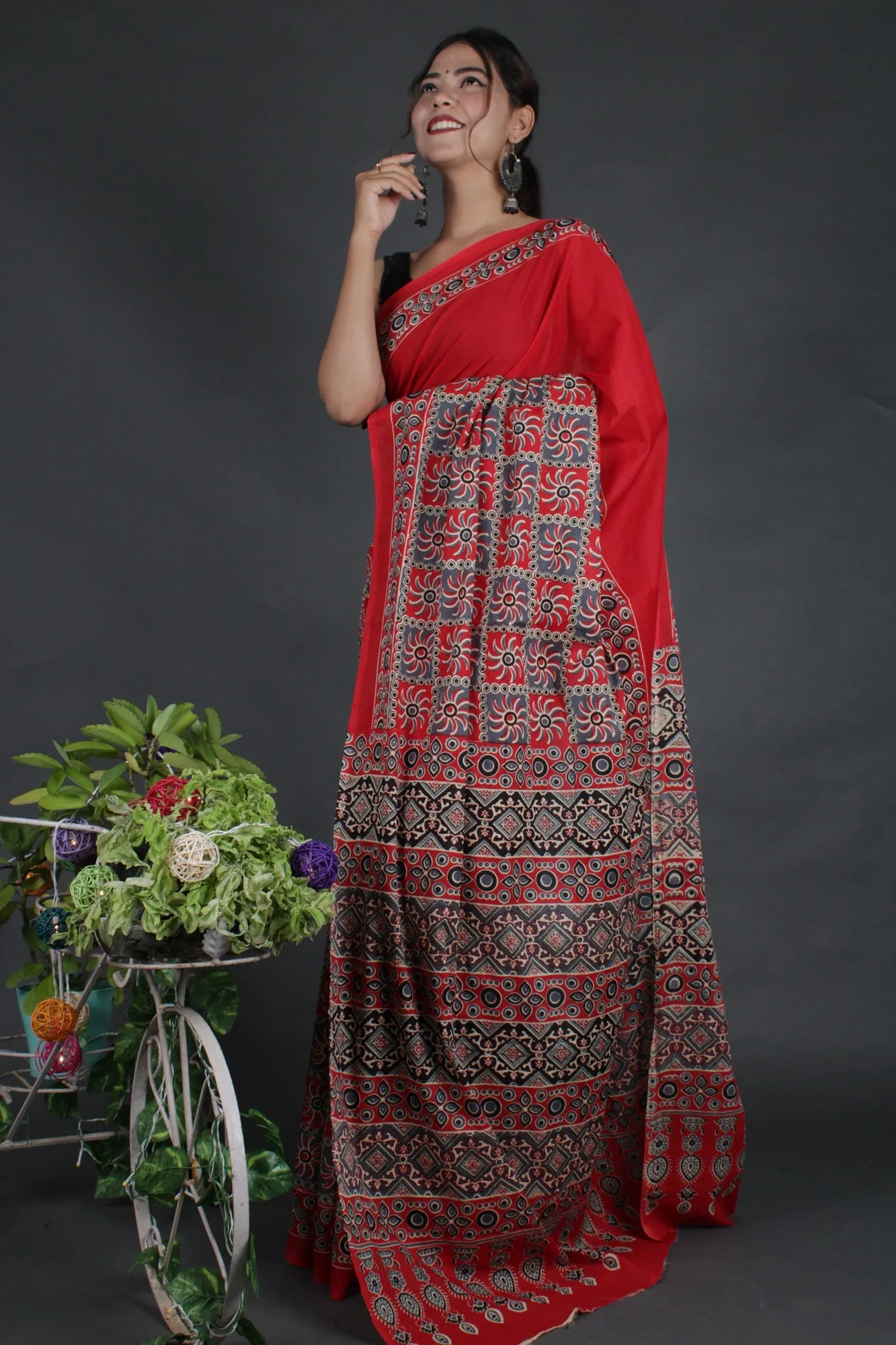 Ready to wear red Ajrakh Printed Mul Mul Cotton Wrap in 1 minute saree