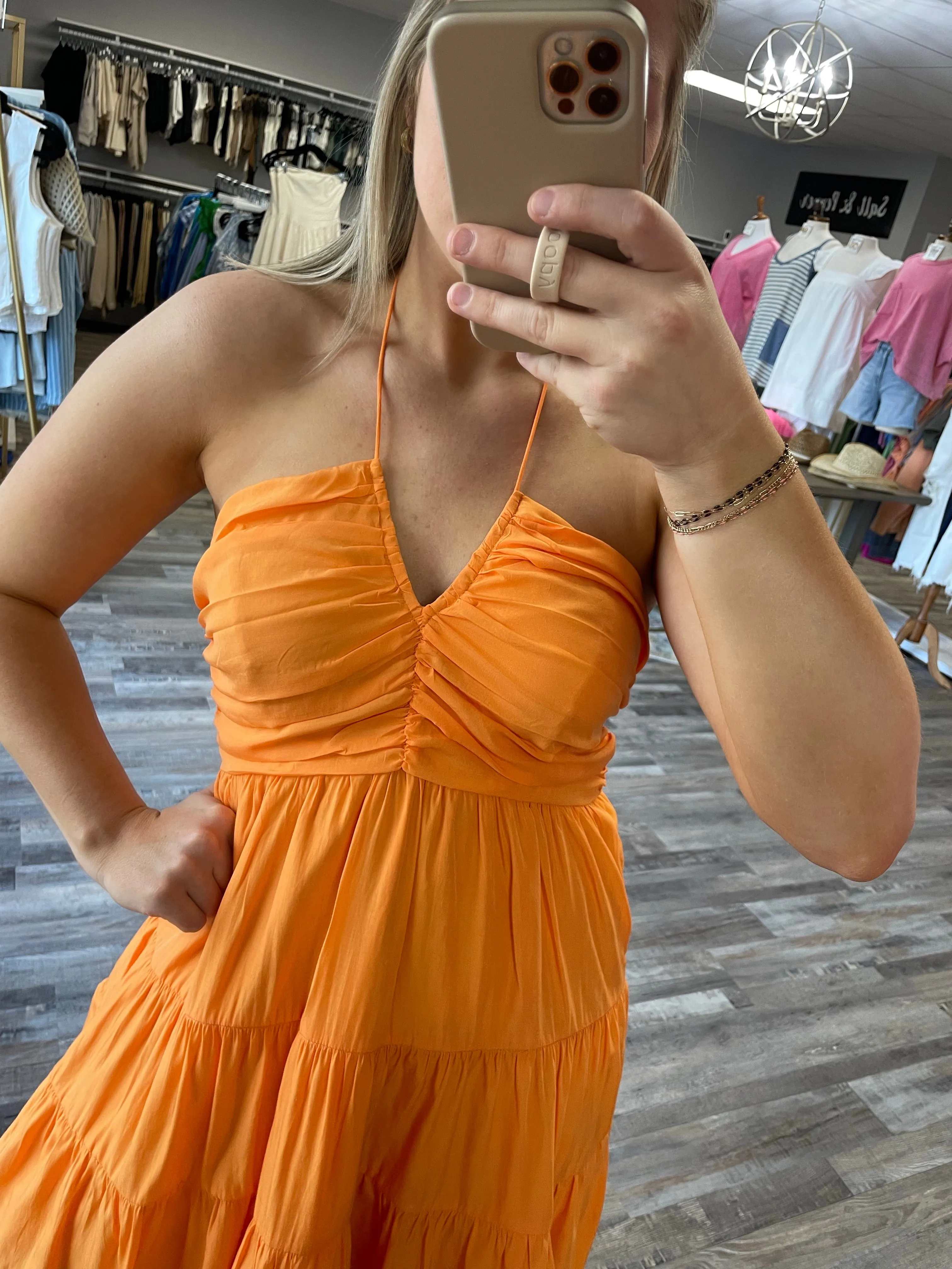 Ruched Detail Halter Dress - Apricot