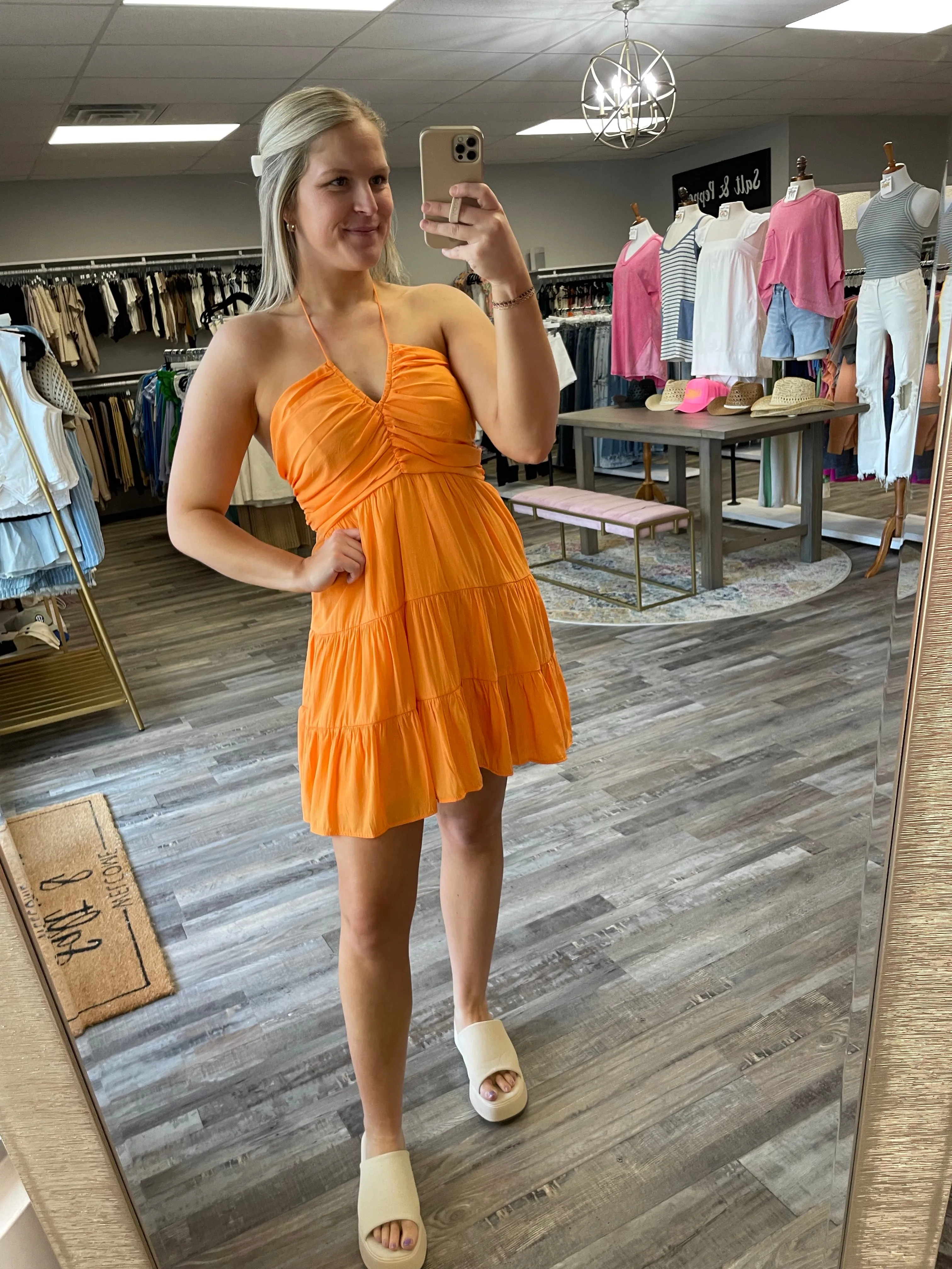 Ruched Detail Halter Dress - Apricot