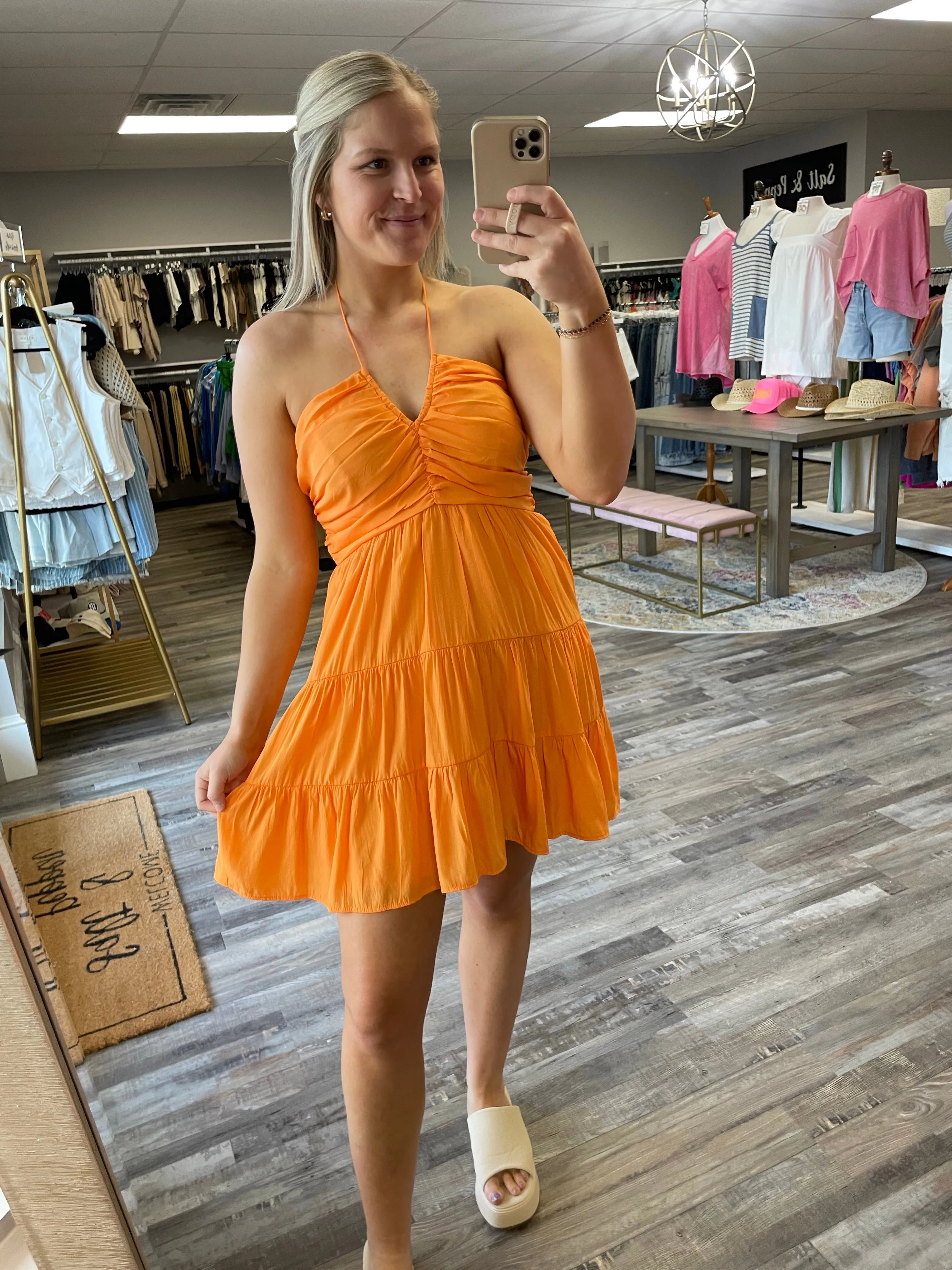 Ruched Detail Halter Dress - Apricot