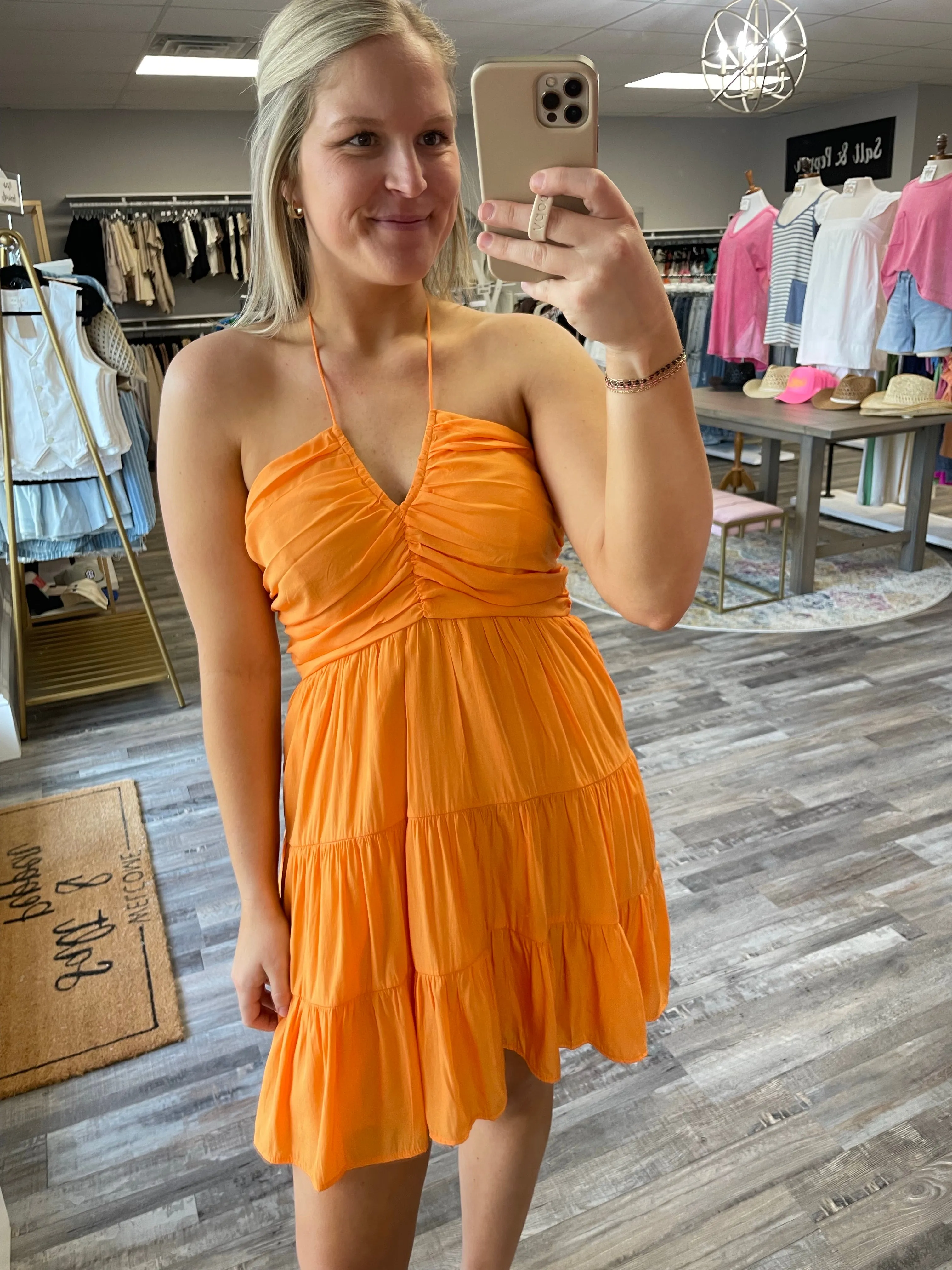 Ruched Detail Halter Dress - Apricot