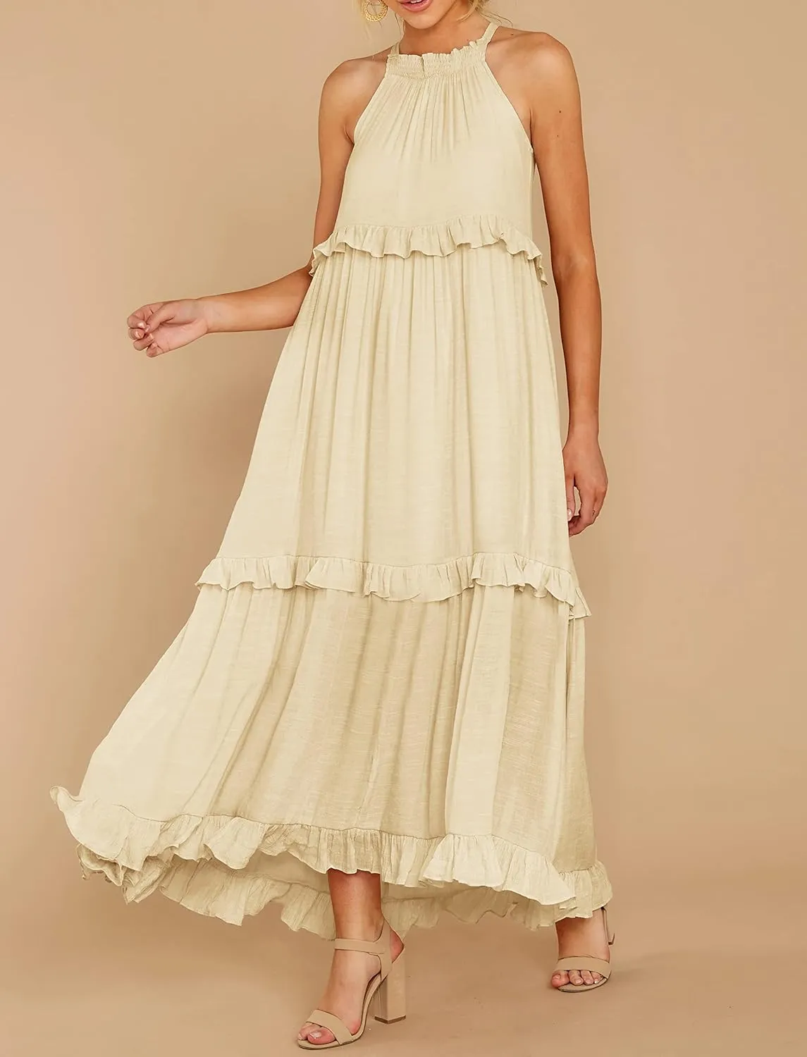R.Vivimos Womens Summer Dress Cotton Sleeveless Halter Layered Ruffles Casual Boho Flowy Maxi Dress