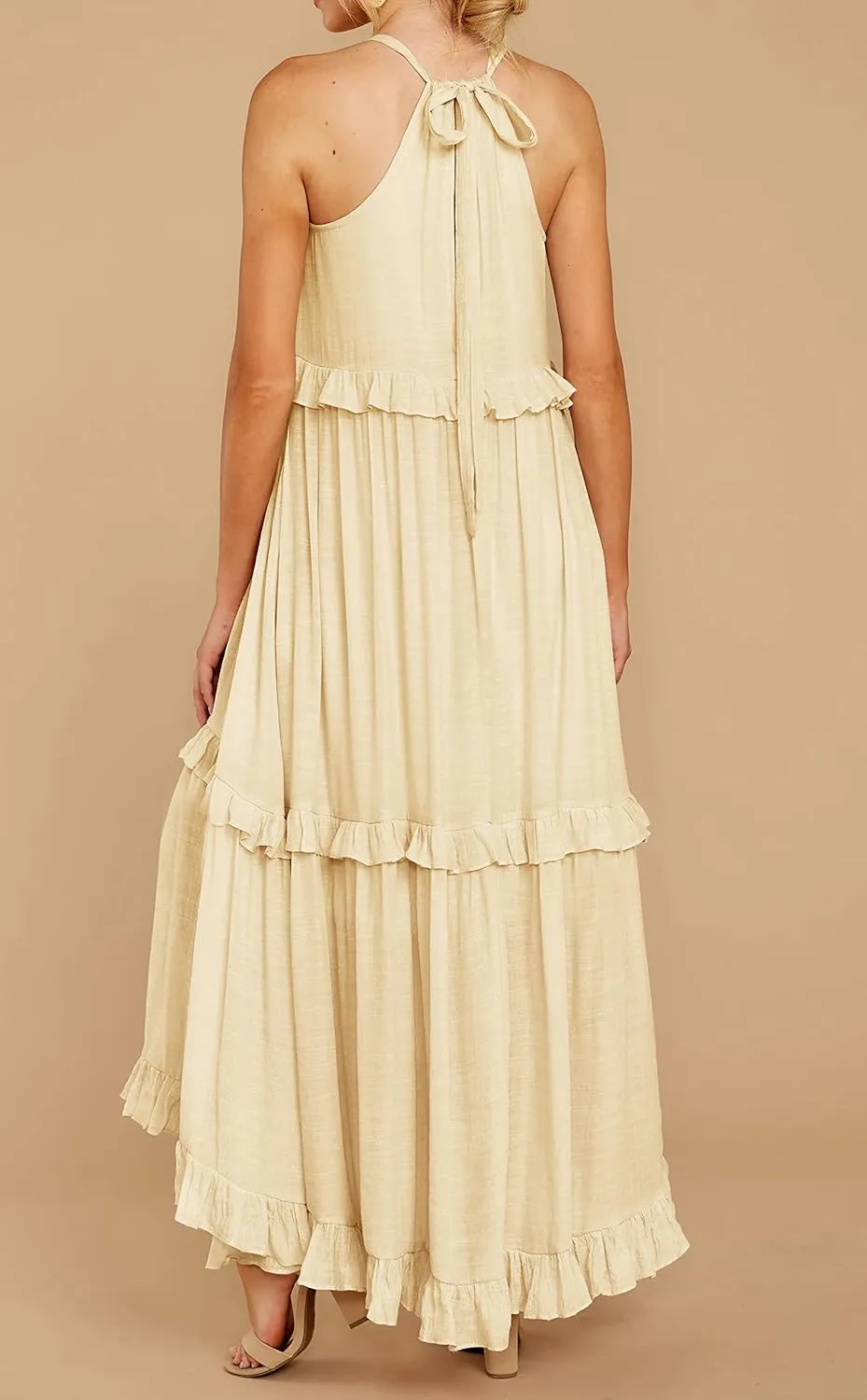R.Vivimos Womens Summer Dress Cotton Sleeveless Halter Layered Ruffles Casual Boho Flowy Maxi Dress