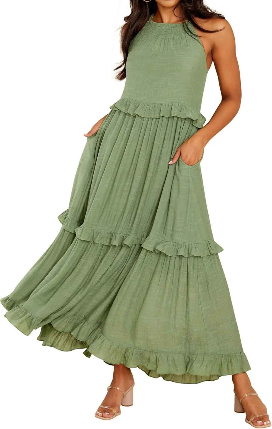 R.Vivimos Womens Summer Dress Cotton Sleeveless Halter Layered Ruffles Casual Boho Flowy Maxi Dress