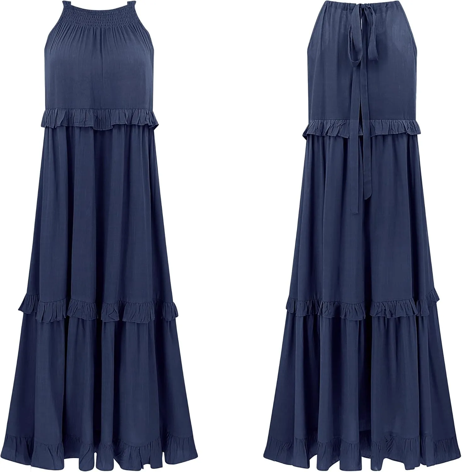 R.Vivimos Womens Summer Dress Cotton Sleeveless Halter Layered Ruffles Casual Boho Flowy Maxi Dress