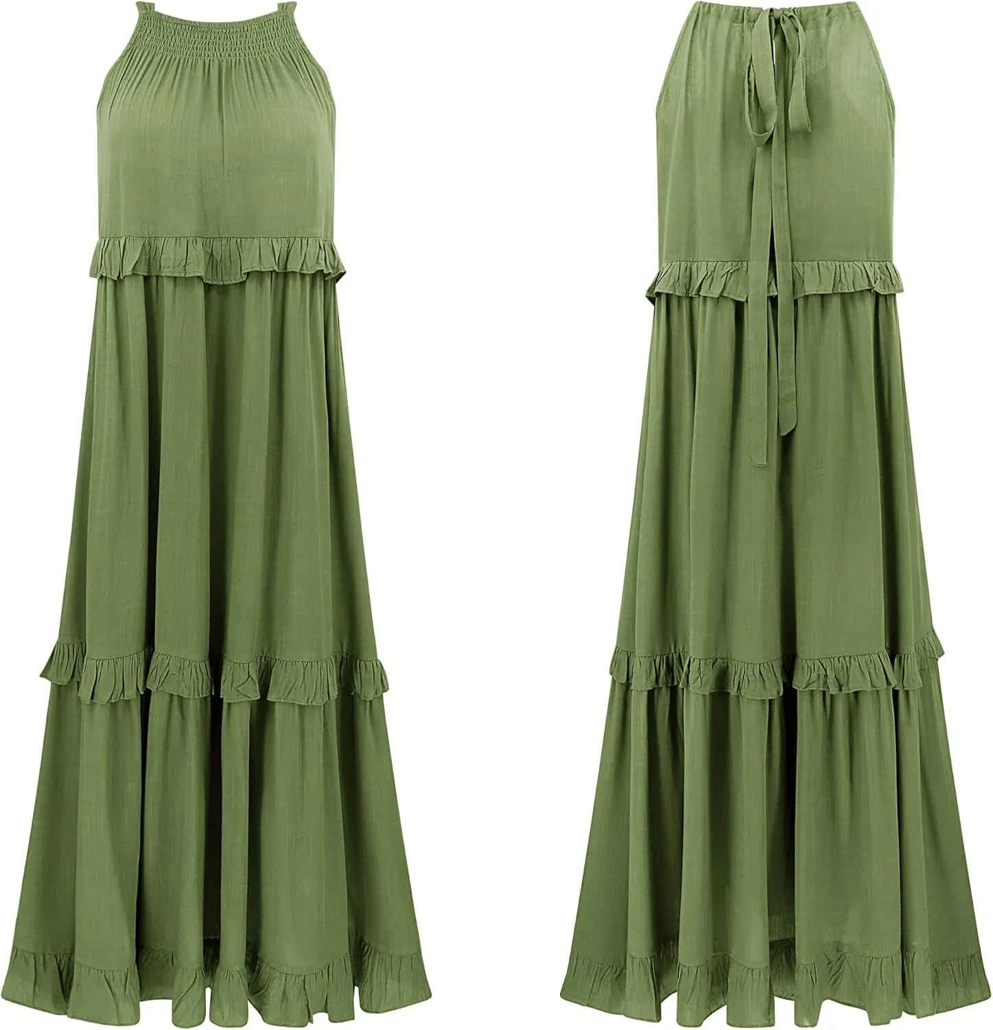 R.Vivimos Womens Summer Dress Cotton Sleeveless Halter Layered Ruffles Casual Boho Flowy Maxi Dress