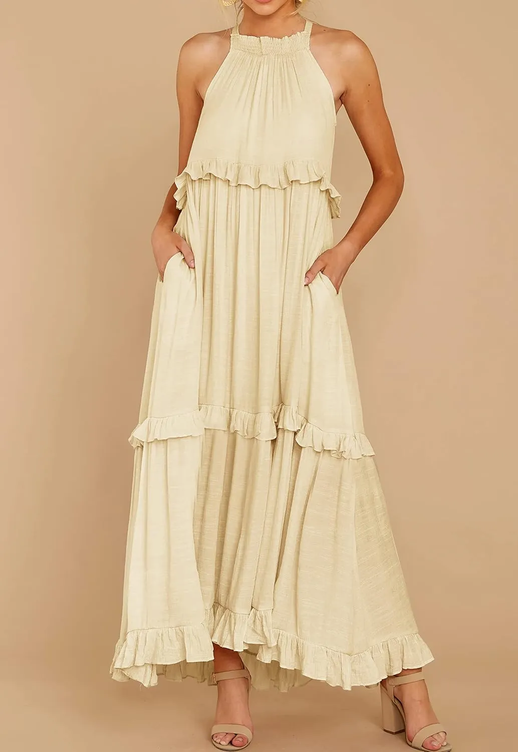 R.Vivimos Womens Summer Dress Cotton Sleeveless Halter Layered Ruffles Casual Boho Flowy Maxi Dress