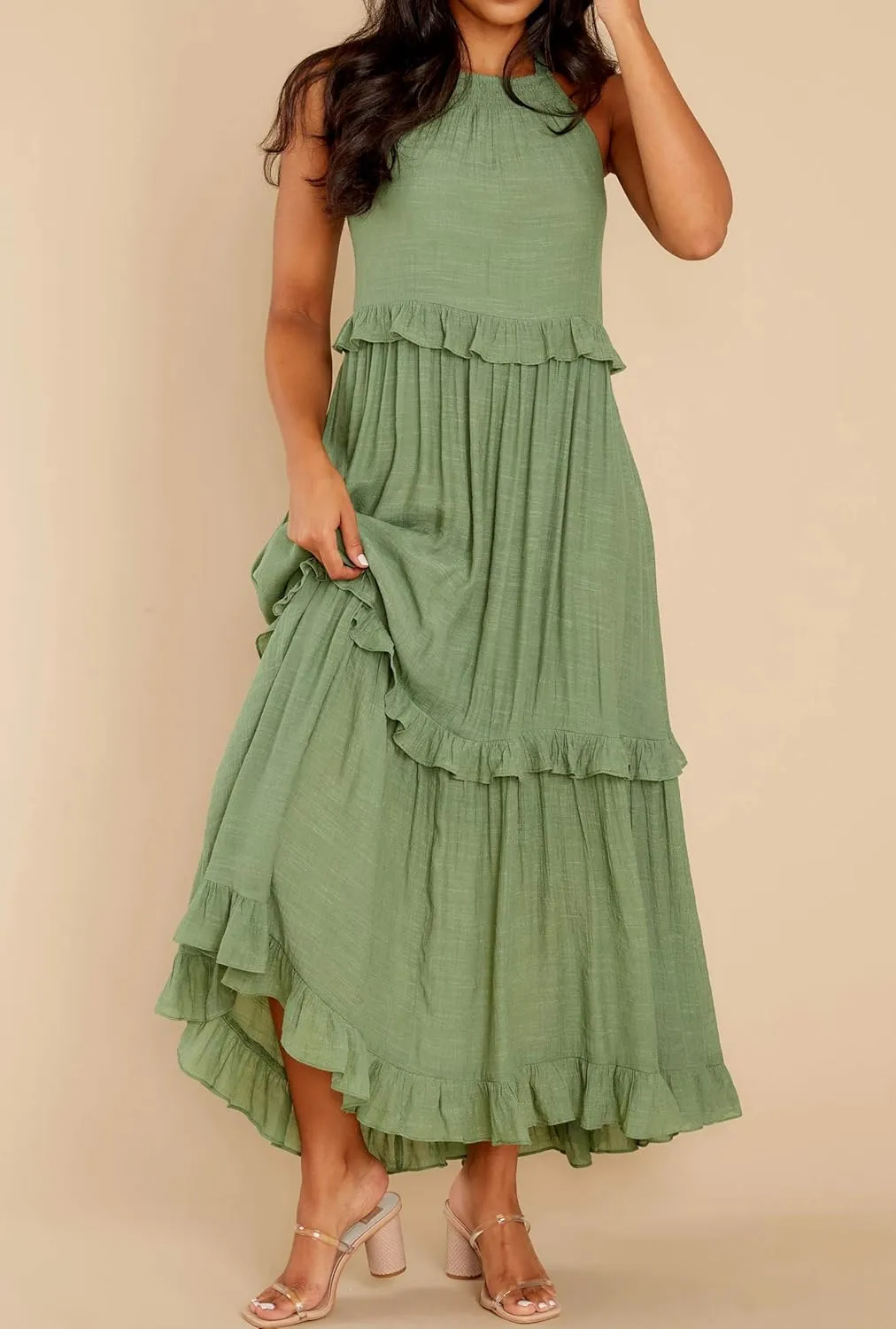 R.Vivimos Womens Summer Dress Cotton Sleeveless Halter Layered Ruffles Casual Boho Flowy Maxi Dress