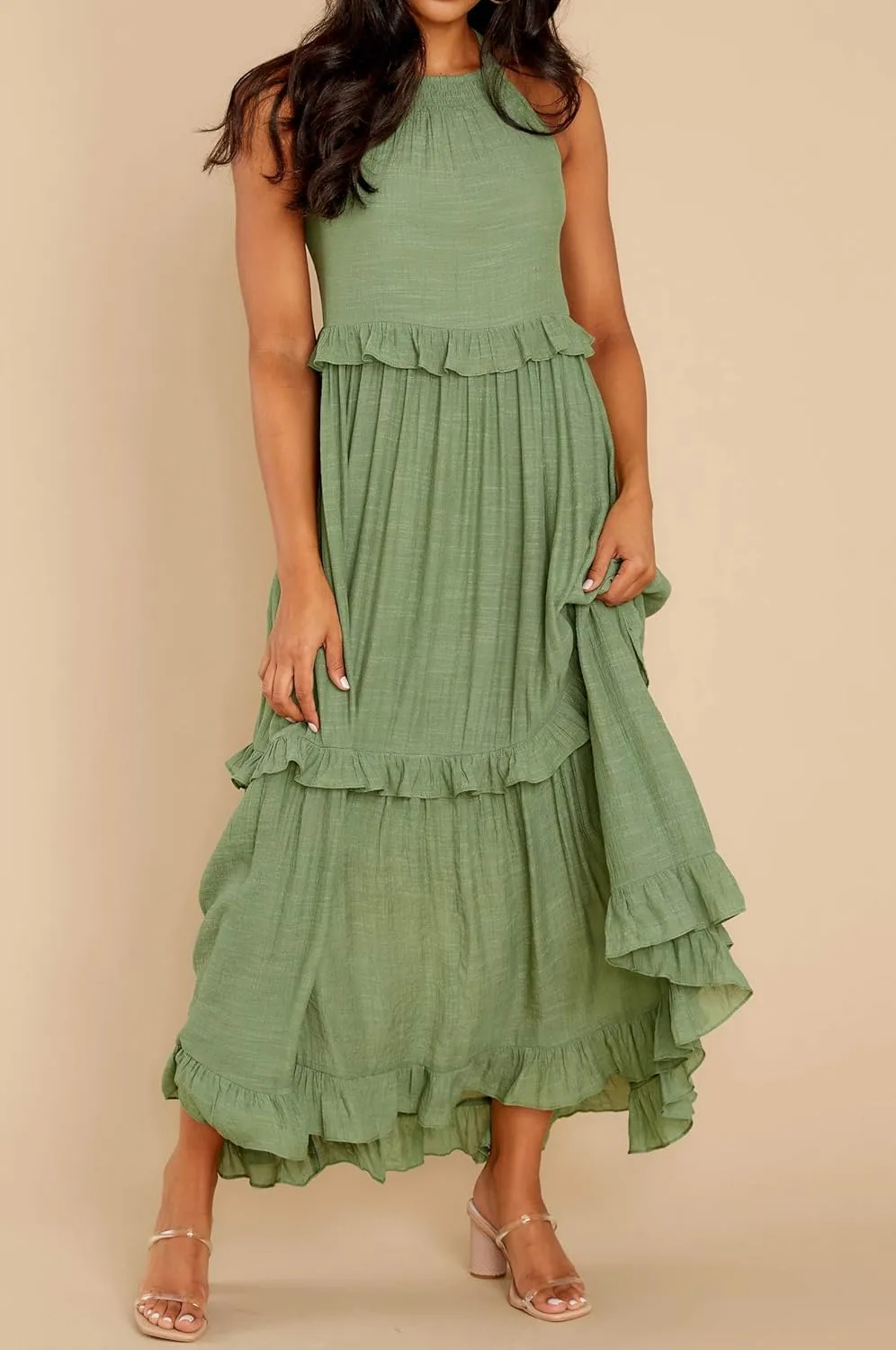 R.Vivimos Womens Summer Dress Cotton Sleeveless Halter Layered Ruffles Casual Boho Flowy Maxi Dress