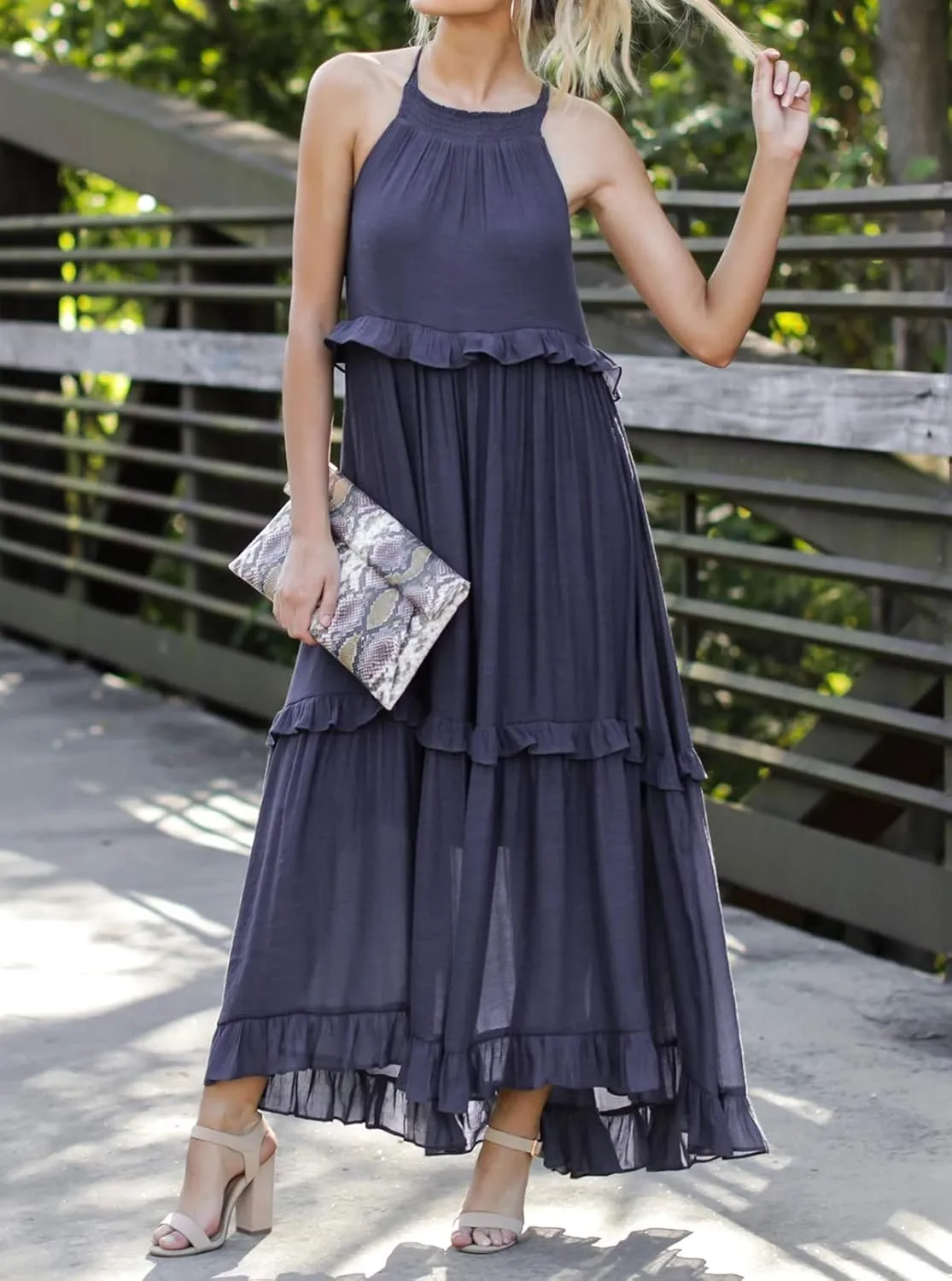R.Vivimos Womens Summer Dress Cotton Sleeveless Halter Layered Ruffles Casual Boho Flowy Maxi Dress