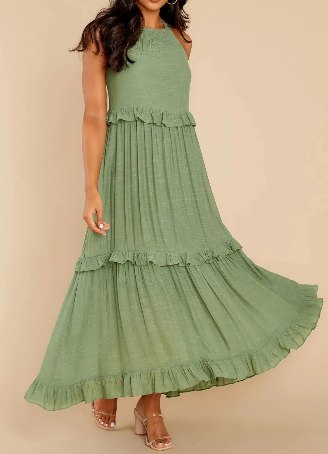 R.Vivimos Womens Summer Dress Cotton Sleeveless Halter Layered Ruffles Casual Boho Flowy Maxi Dress