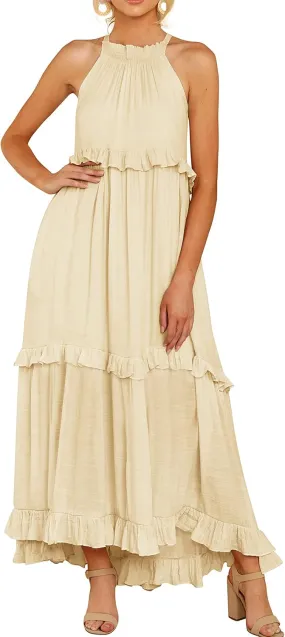 R.Vivimos Womens Summer Dress Cotton Sleeveless Halter Layered Ruffles Casual Boho Flowy Maxi Dress