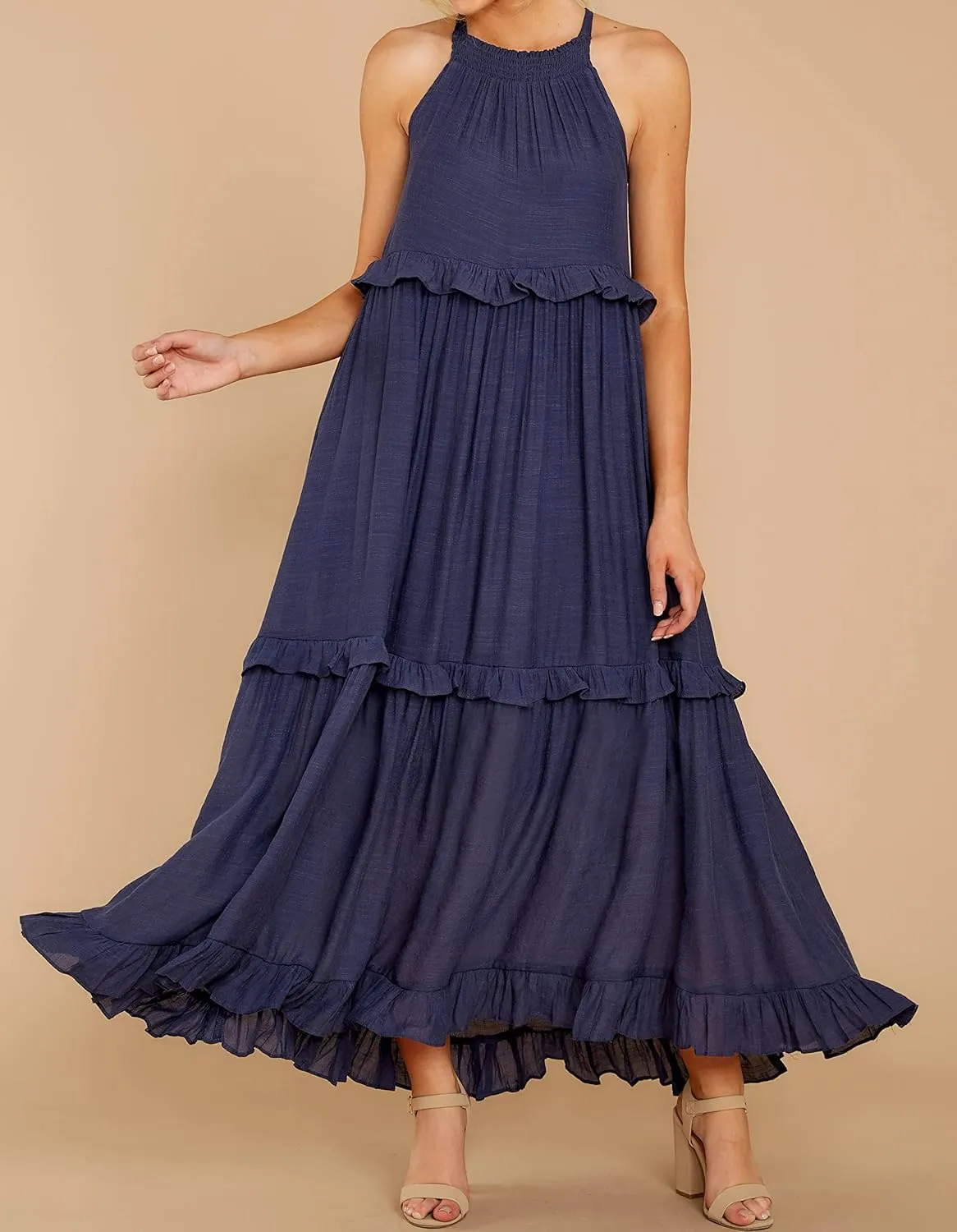 R.Vivimos Womens Summer Dress Cotton Sleeveless Halter Layered Ruffles Casual Boho Flowy Maxi Dress