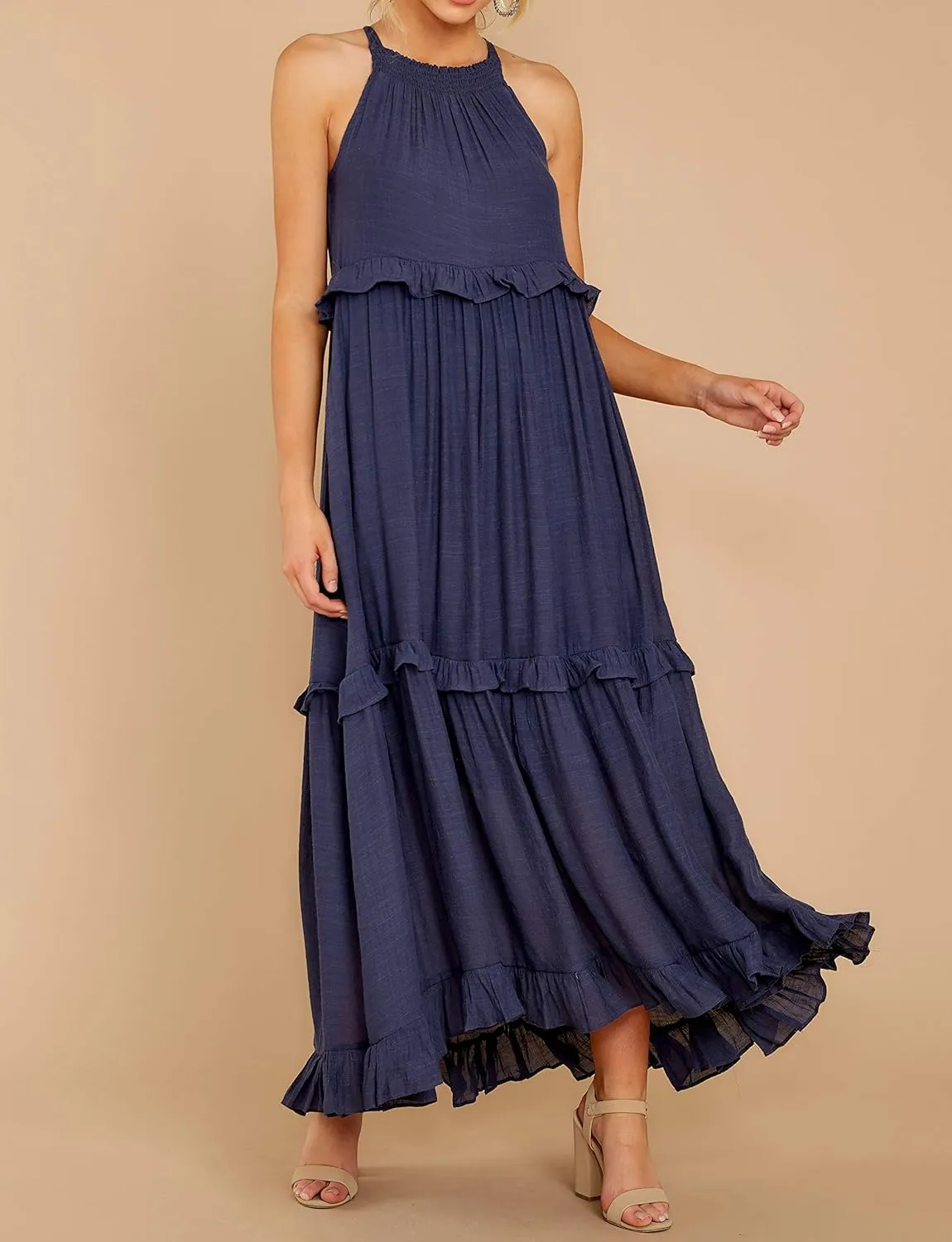 R.Vivimos Womens Summer Dress Cotton Sleeveless Halter Layered Ruffles Casual Boho Flowy Maxi Dress