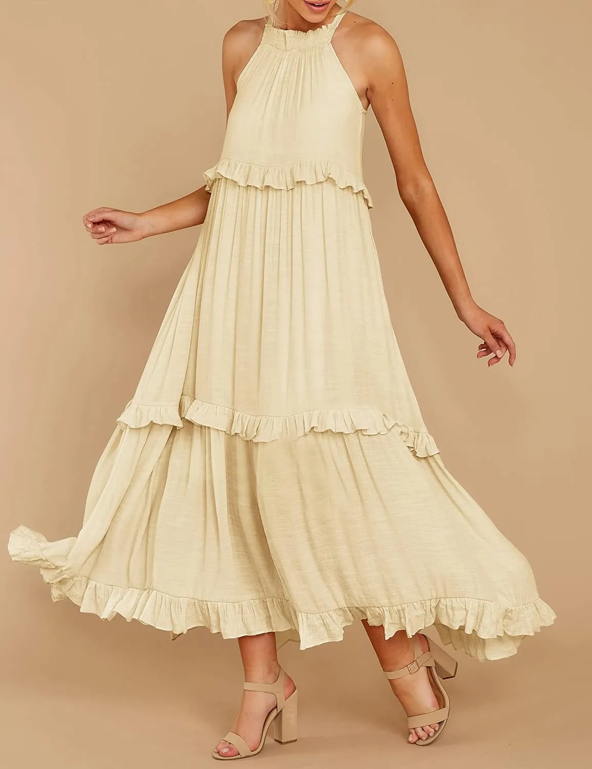 R.Vivimos Womens Summer Dress Cotton Sleeveless Halter Layered Ruffles Casual Boho Flowy Maxi Dress