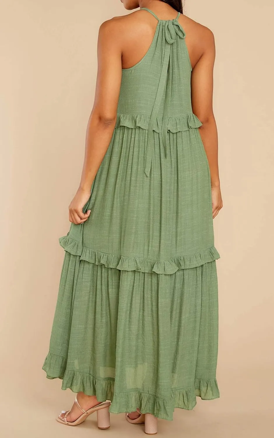 R.Vivimos Womens Summer Dress Cotton Sleeveless Halter Layered Ruffles Casual Boho Flowy Maxi Dress