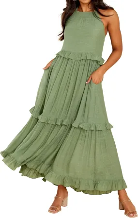 R.Vivimos Womens Summer Dress Cotton Sleeveless Halter Layered Ruffles Casual Boho Flowy Maxi Dress