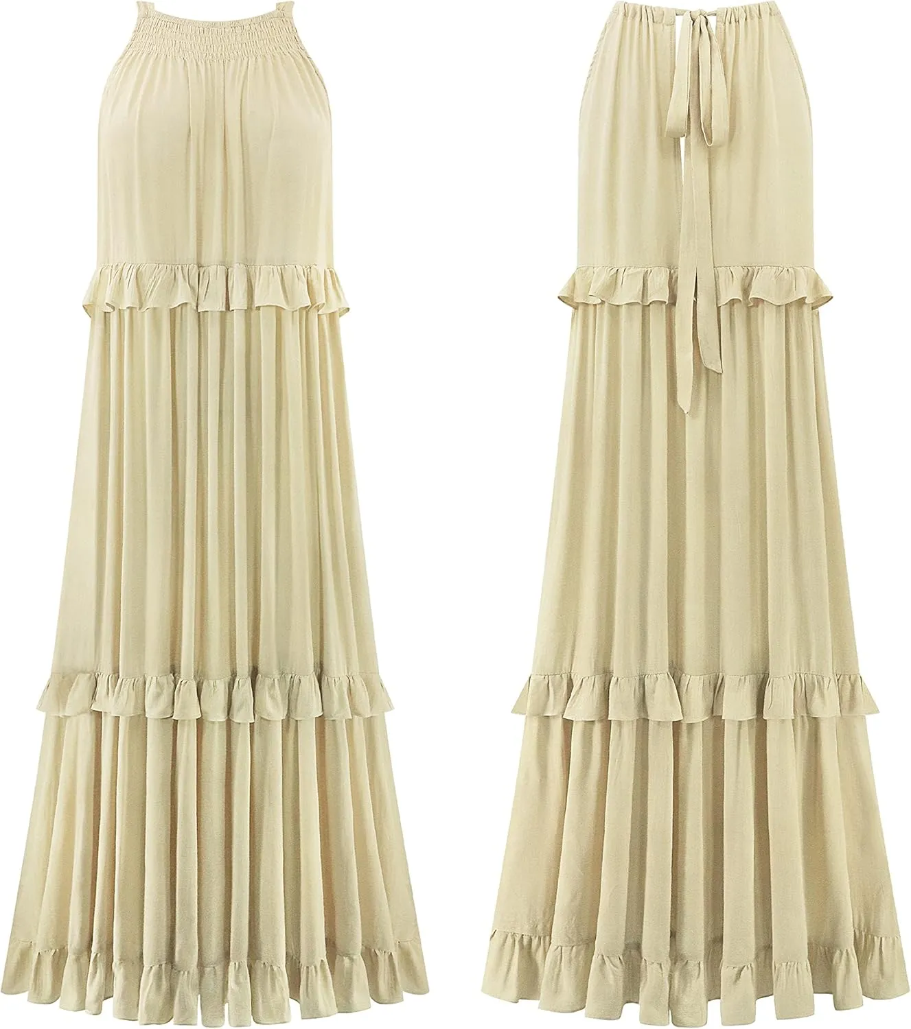 R.Vivimos Womens Summer Dress Cotton Sleeveless Halter Layered Ruffles Casual Boho Flowy Maxi Dress