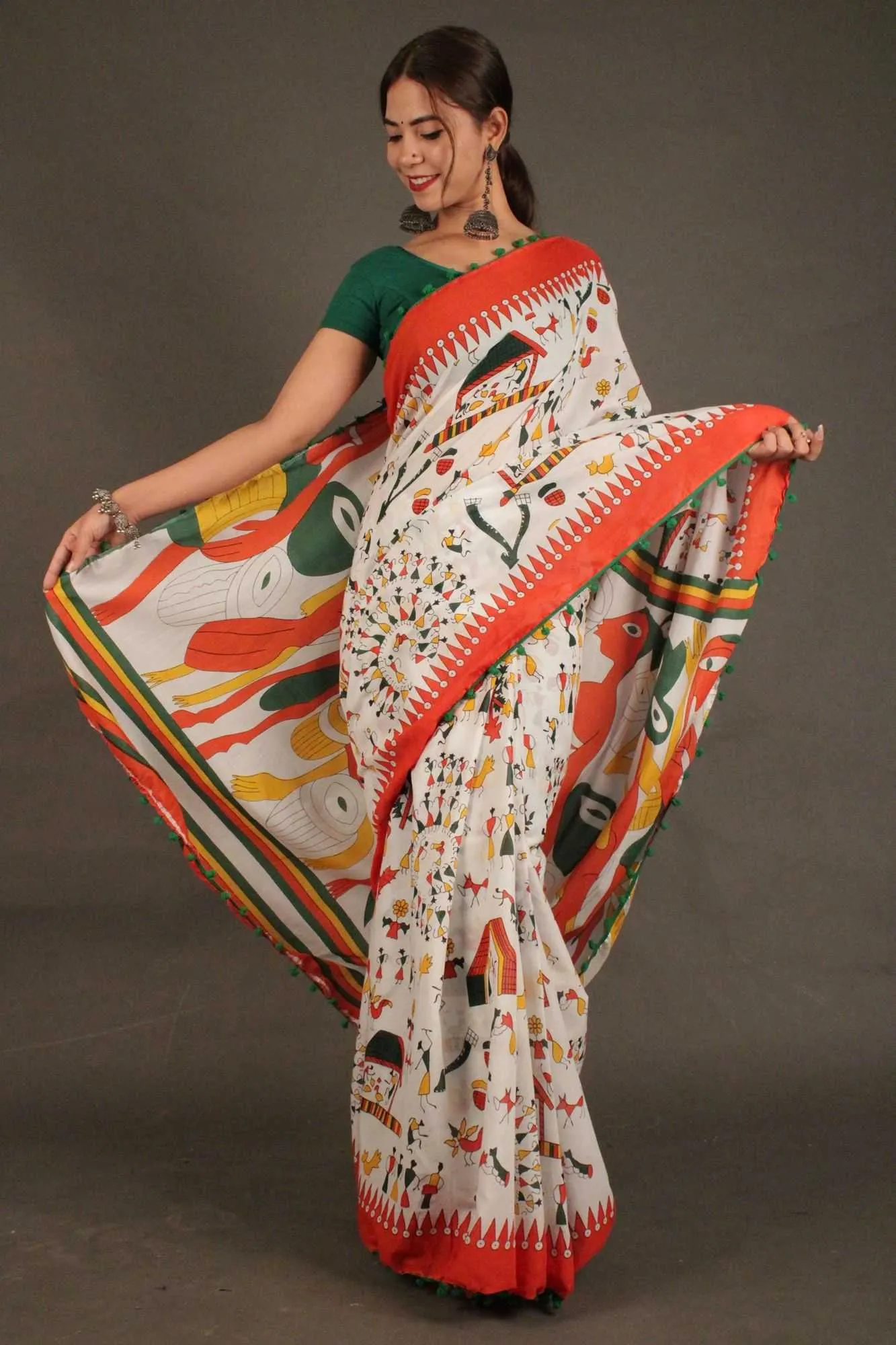 Saffron-White floral vegetable printed mul mul Cotton Wrap in 1 minute saree