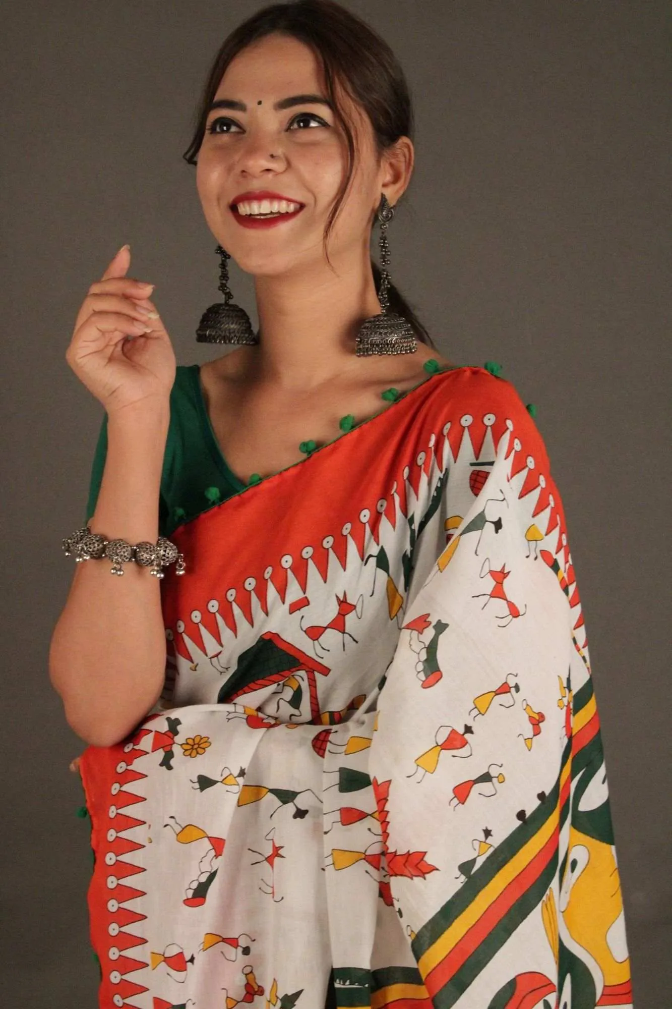 Saffron-White floral vegetable printed mul mul Cotton Wrap in 1 minute saree