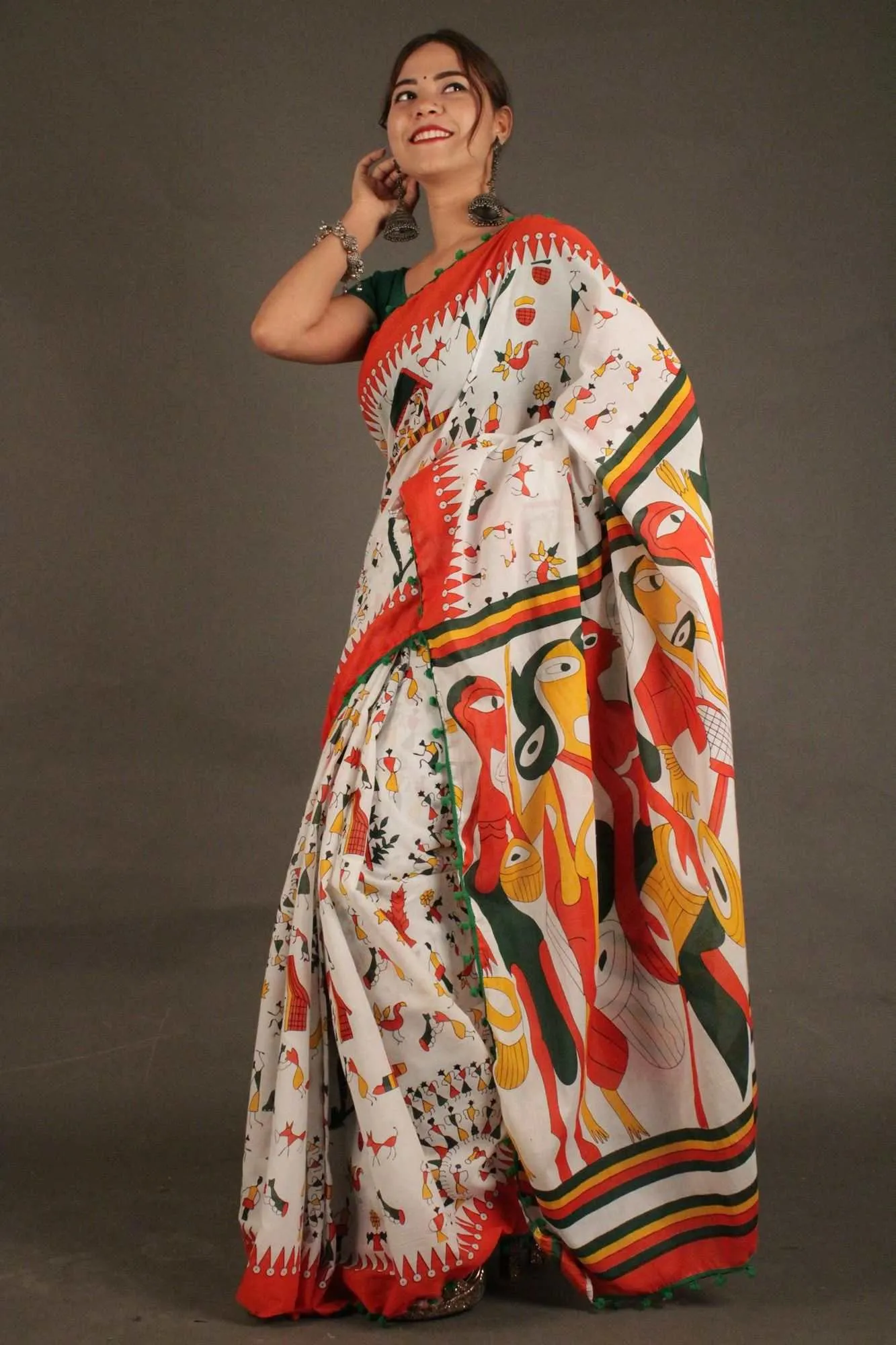 Saffron-White floral vegetable printed mul mul Cotton Wrap in 1 minute saree