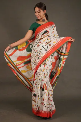 Saffron-White floral vegetable printed mul mul Cotton Wrap in 1 minute saree