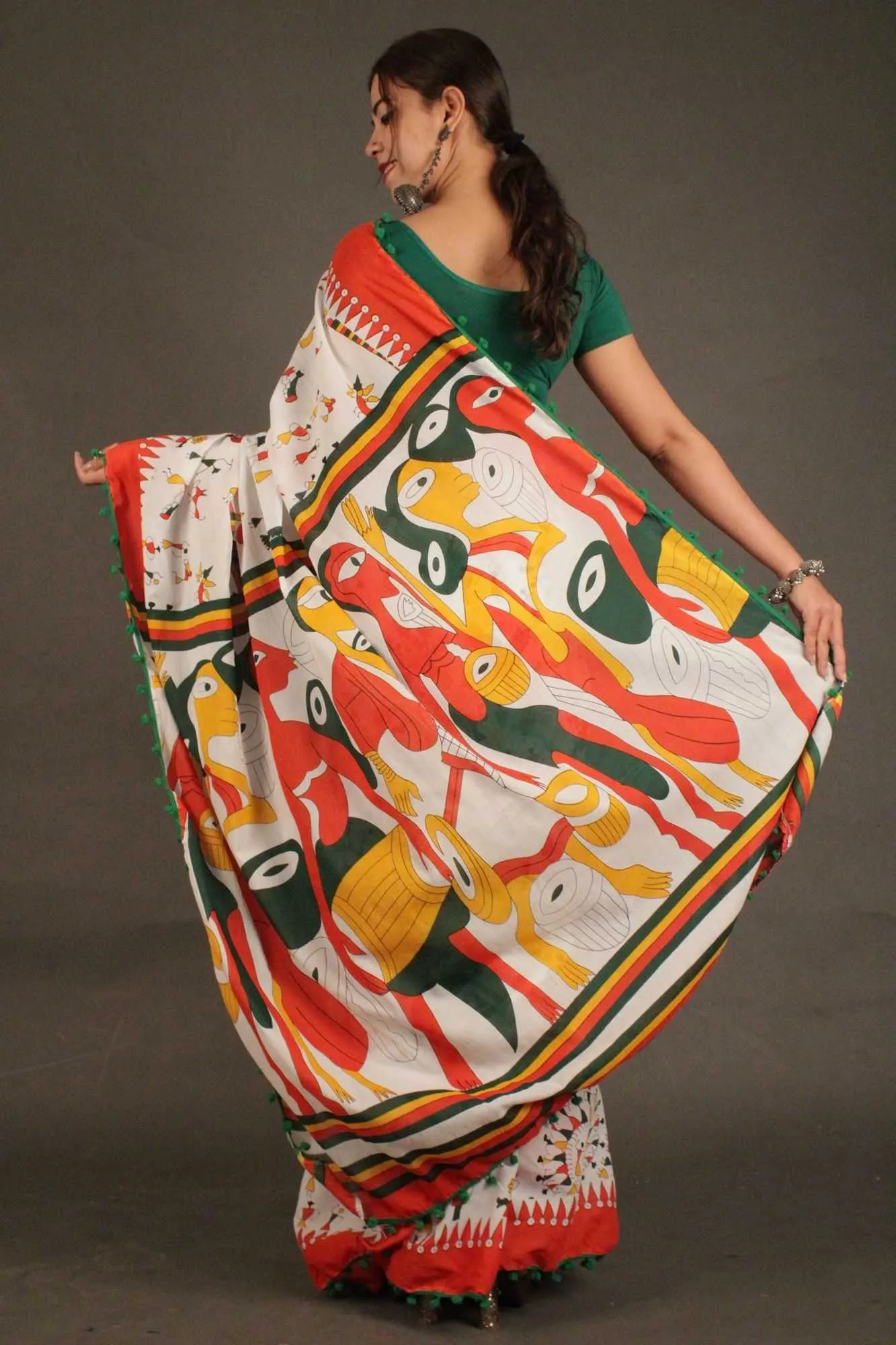 Saffron-White floral vegetable printed mul mul Cotton Wrap in 1 minute saree