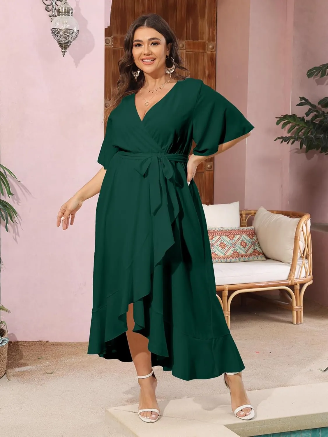 SCOMCHIC Women Plus Size Maxi Dress Short Sleeve Wrap V Neck High Low Split Ruffle Long Dress