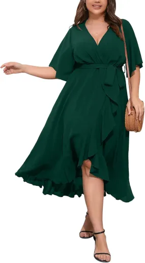 SCOMCHIC Women Plus Size Maxi Dress Short Sleeve Wrap V Neck High Low Split Ruffle Long Dress