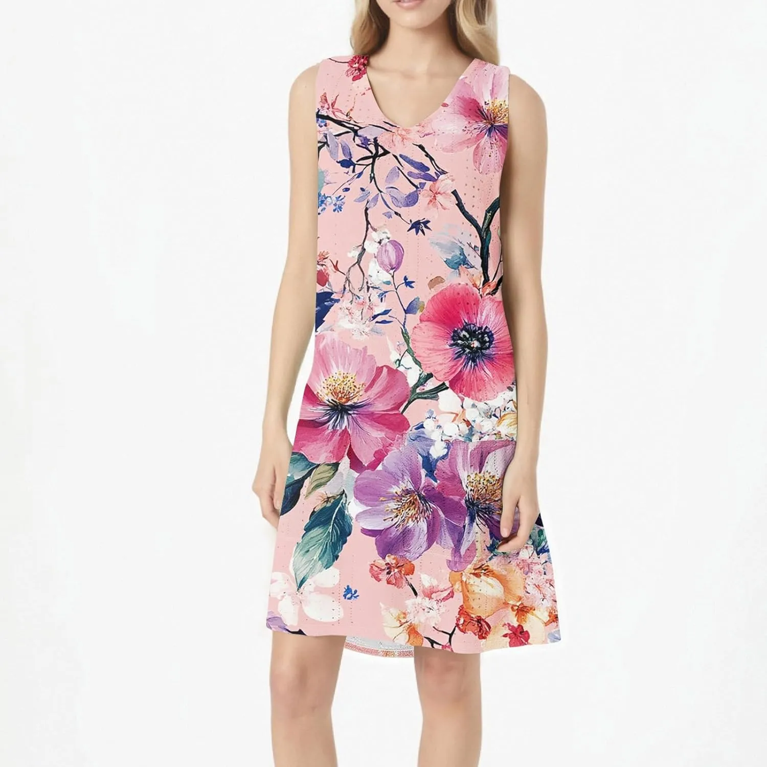 Summer Dresses for Women 2025 Beach T Shirt Dresses Sleeveless Floral Flowy Tshirt Tank Sundresses with Pocket